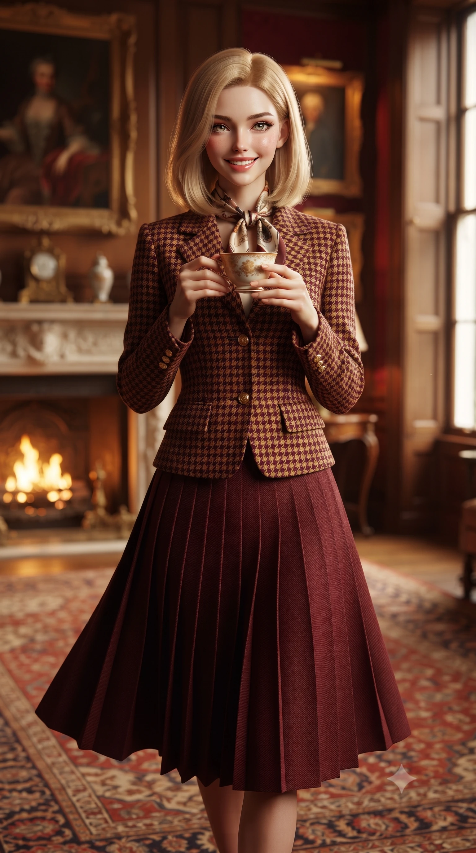 score_9, masterpiece, best quality, ultra-detailed, high-budget anime keyframe, editorial fashion photography, tasteful artistic composition, Korean woman. close-up cowboy shot from the waist and thighs up, the character dominates the composition, filling the frame with her large presence. holding a warm porcelain cup in both hands while tilting her head with an enchanting, beaming smile while walking across the antique Persian carpet toward the tall sash windows, turning with an alluring, warm tilt of her head. The background shows a soft-focus flickering golden firelight from ornate hearth, oil paintings in gilded rococo frames, and rich wood wall paneling blurred into mahogany, crimson, and gold bokeh. She has an exceptionally elegant, slender, and willowy female figure with an ultra-slim waist, flat toned midriff, narrow ribcage, and sculpted feminine hips creating an alluring, slim hourglass silhouette without bulk. sharp v-shaped jawline, high-bridge nose, intricate jewel-like sparkling eyes with depth, thick eyelashes, glossy parted lips with a natural peach sheen, bright cheerful beaming smile with an enchanting and coquettish sensual glint, exuding both youthful cute charm and seductive allure, flawlessly proportioned anatomical accuracy, strict slender model proportions, natural body alignment, perfectly sculpted long slender limbs, ultra-slim waistline, clean dynamic posture without body distortion. wearing a structured houndstooth tweed jacket with gold embossed buttons and a matching pleated A-line midi skirt in rich Oxford burgundy and golden amber, tailored from fine wool gabardine with crisp permanent pleats and sharp drape, finished with a printed silk twilly scarf knotted gracefully around her neck, the expertly draped wool fabric falling in crisp fluid lines along her tall 8.5-heads silhouette, celebrating her slender frame without excess fabric bulk. illuminated by dark wood paneling reflection bounce and warm amber rim lights sculpting her cheekbones, waistline, and slender posture. ultra-reflective glossy finish, specular highlights, rich textural contrasts, high-contrast stereoscopic depth, volumetric dynamic lighting, 2k, ultra detail, master piece, 9:16 ratio
