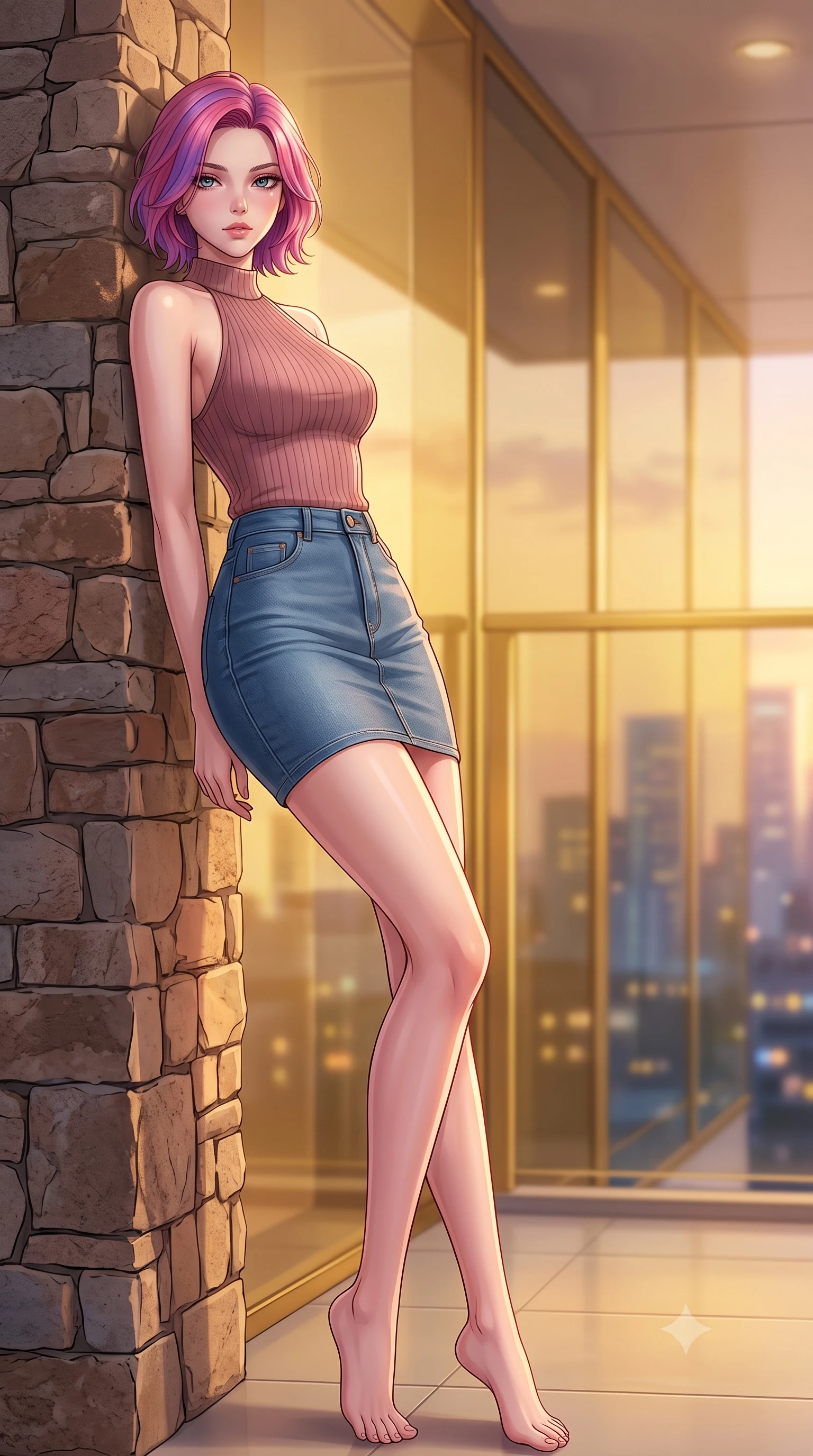 score_9, masterpiece, best quality, ultra-detailed, high-budget anime keyframe, tasteful artistic composition, Caucasian woman. low angle full-body shot from head to toe showing her feet, filling the entire 9:16 vertical frame with her statuesque presence, stretching her vertical silhouette. leaning back against a rustic stone wall, casting a slow, alluring gaze at the camera the background shows a soft-focus a luxury hotel penthouse balcony with gold glass panels showing city lights. She has an absolutely perfect, statuesque 8.5-heads proportion, an exceptionally tall and slender model-like female figure with impossibly long slender legs and an ultra-slim waist. sharp v-shaped jawline, high-bridge nose, intricate jewel-like eyes with depth, thick eyelashes, glossy lips with a natural sheen. wearing a form-contouring form-fitting ribbed knit halter top in dusty rose, paired with a tight-fitting denim skirt. soft golden hour sunset glow painting the room in a romantic wash. highly saturated vibrant anime colors, cel-shading, 2d style, master piece, 9:16 ratio