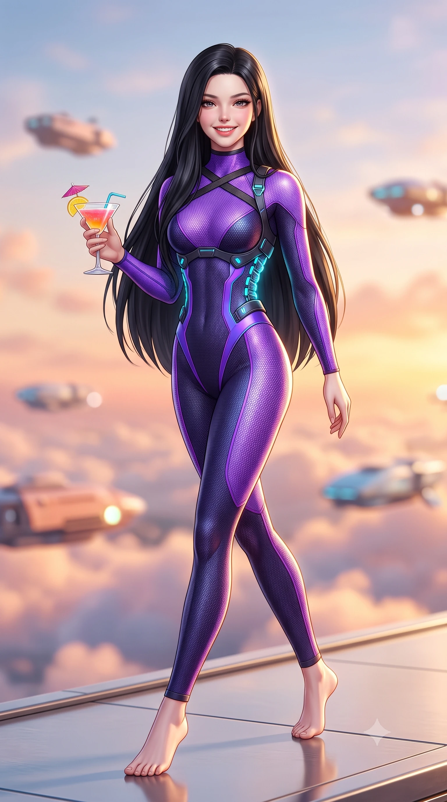 score_9, masterpiece, best quality, ultra-detailed, high-budget anime keyframe, semi-realistic 3D game render, editorial fashion photography, tasteful artistic composition, Korean woman. low angle full-body shot from head to toe showing her feet, filling the entire 9:16 vertical frame with her statuesque presence, stretching her vertical silhouette. striding forward gracefully across the reflective metal deck in mid-motion with a radiant beaming smile, hips swaying in an alluring kinetic rhythm that accentuates her curvy hourglass silhouette and long slender legs while lounging in a floating anti-gravity pod chair with legs crossed, holding an exotic cocktail with effortless high-society cool. The background shows a soft-focus rolling billowing sunset clouds below and floating repulsor-lift sky barges blurred into peach, apricot, and sky-blue bokeh. She has an absolutely perfect, statuesque 8.5-heads proportion, an exceptionally tall and slender model-like female figure with impossibly long slender legs, an ultra-slim waist, a flat toned midriff, narrow delicate ribcage, and beautifully sculpted feminine hips creating a graceful, slim hourglass silhouette without any bulky heaviness. sharp v-shaped jawline, high-bridge nose, intricate jewel-like sparkling eyes with depth, thick eyelashes, glossy parted lips with a natural sheen, bright confident smile with an enchanting and coquettish sensual glint, exuding both youthful magnetic charm and sovereign high-tech allure, flawlessly proportioned anatomical accuracy, strict slender model proportions, natural body alignment, perfectly sculpted long slender limbs, ultra-slim waistline, clean dynamic posture without body distortion. wearing a form-contouring exo-suit chassis with glowing cyan hydraulic spine braces worn over an ultra-slim bodysuit in neon electric violet and deep space obsidian, woven from delicate semi-opaque high-tensile nano-mesh with intricate hexagonal micro-patterns, finished with criss-cross Kevlar tactical straps tracing her graceful shoulder blades, the high-waisted tailoring accentuating her ultra-slim waistline and the enchanting curve of her feminine hips with alluring dark charm. illuminated by terrace accent lighting and sharp champagne-gold rim lights defining her sculpted collarbones, ultra-slim waist, and curvy hips. highly saturated vibrant anime colors, detailed shading with soft gradients, rich glossy textures, high-contrast stereoscopic depth, volumetric dynamic lighting, master piece, 9:16 ratio