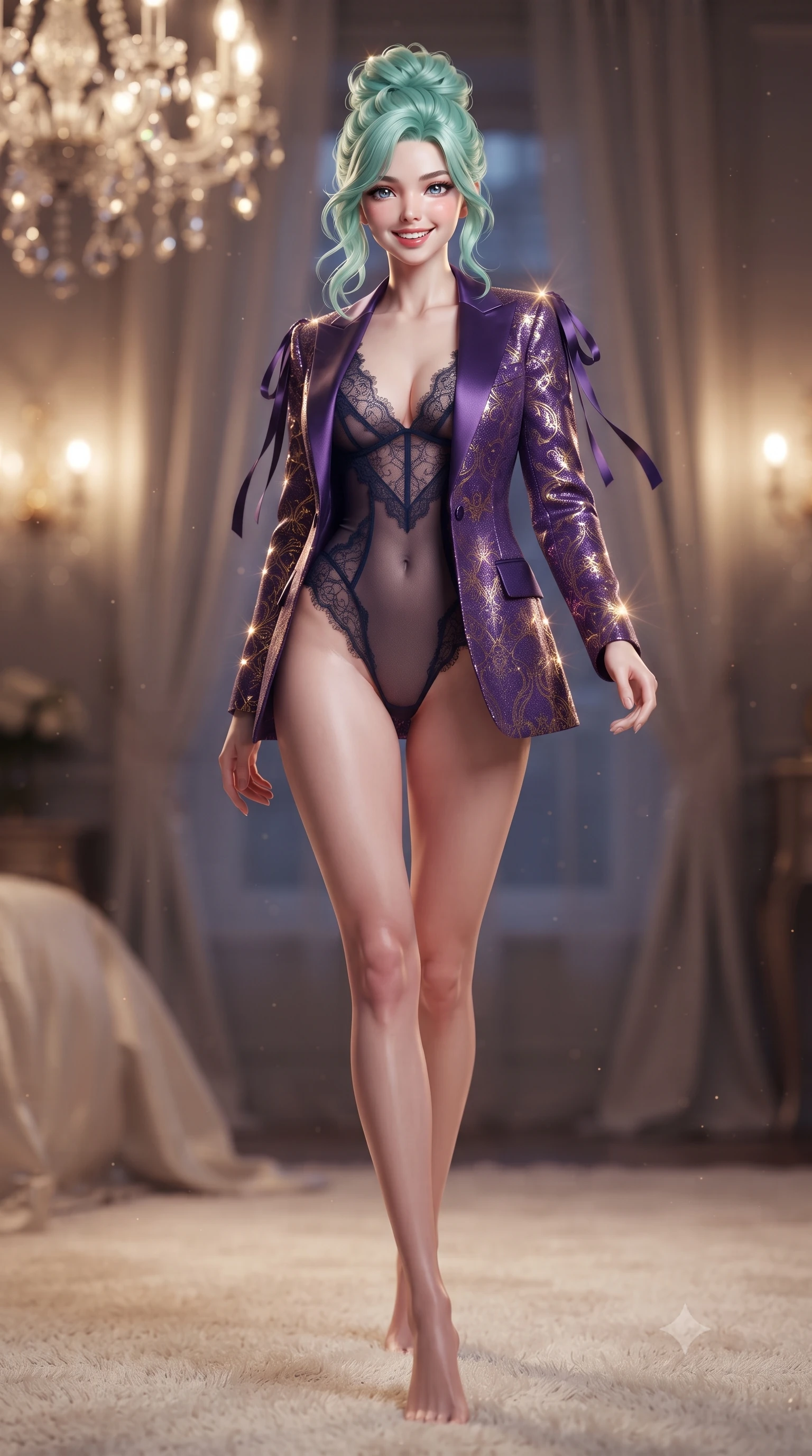 score_9, masterpiece, best quality, ultra-detailed, high-budget anime keyframe, editorial fashion photography, tasteful artistic composition, Japanese woman. low angle full-body shot from head to toe showing her feet, filling the entire 9:16 vertical frame with her statuesque presence, stretching her vertical silhouette. stepping forward in a confident stride, her long slender legs and curvaceous hips creating a dynamic, sweeping vertical line while twisting her slender torso in an alluring contrapposto stance on the plush cream carpet, soft warm chandelier light caressing her narrow waist and curvy hips. The background shows a soft-focus crystal chandelier facets and flowing silk drapes softened in intimate Parisian haute-couture shallow focus. She has an exceptionally tall and slender model-like 8.5-heads proportion, an ultra-slim waist, a flat toned midriff, narrow delicate ribcage, and beautifully sculpted feminine hips creating a graceful, slim hourglass silhouette without any bulky heaviness, with impossibly long slender legs. sharp v-shaped jawline, high-bridge nose, intricate jewel-like sparkling eyes with depth, thick eyelashes, glossy parted lips with a natural peach sheen, bright cheerful beaming smile with an enchanting and coquettish sensual glint, exuding both youthful cute charm and seductive allure, flawlessly proportioned anatomical accuracy, strict slender model proportions, natural body alignment, perfectly sculpted long slender limbs, ultra-slim waistline, clean dynamic posture without body distortion. wearing a delicate sheer French Chantilly lace teddy layered under an open tailored tuxedo blazer draped over bare shoulders in rich royal amethyst purple and gilded filigree, woven from stretch metallic lurex jersey casting radiant starlight glints across her curves, finished with satin ribbon ties at the shoulders fluttering in the gentle breeze, the precision-cut side openings and low-back scoop framing her graceful spine and the sensual sweep of her slim, toned hips. bathed in the intimate warm 2400K golden glow of dim bedside crystal sconces mixed with deep midnight Parisian sky fill. ultra-reflective glossy finish, specular highlights, rich textural contrasts, high-contrast stereoscopic depth, volumetric dynamic lighting, 2k, ultra detail, master piece, 9:16 ratio