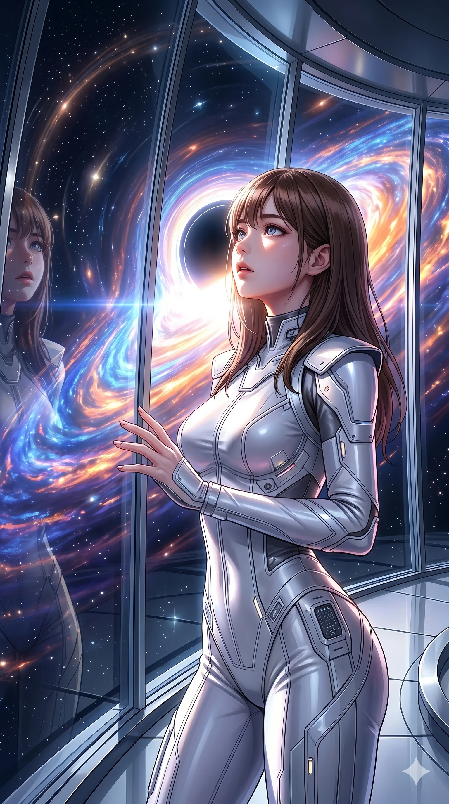 score_9, masterpiece, best quality, ultra-detailed, high-budget anime keyframe, editorial fashion photography, tasteful artistic composition, Korean woman. Upper body close-up from the thighs up, character filling the screen for maximum presence. Standing in a glass observatory overlooking a black hole, looking at the black hole with an awe-struck, intense expression. She is wearing a sleek white and silver jumpsuit with structured shoulder panels. The scene is drenched in the brilliant light of the black hole's accretion disk. 2k, ultra detail, master piece, 9:16 ratio