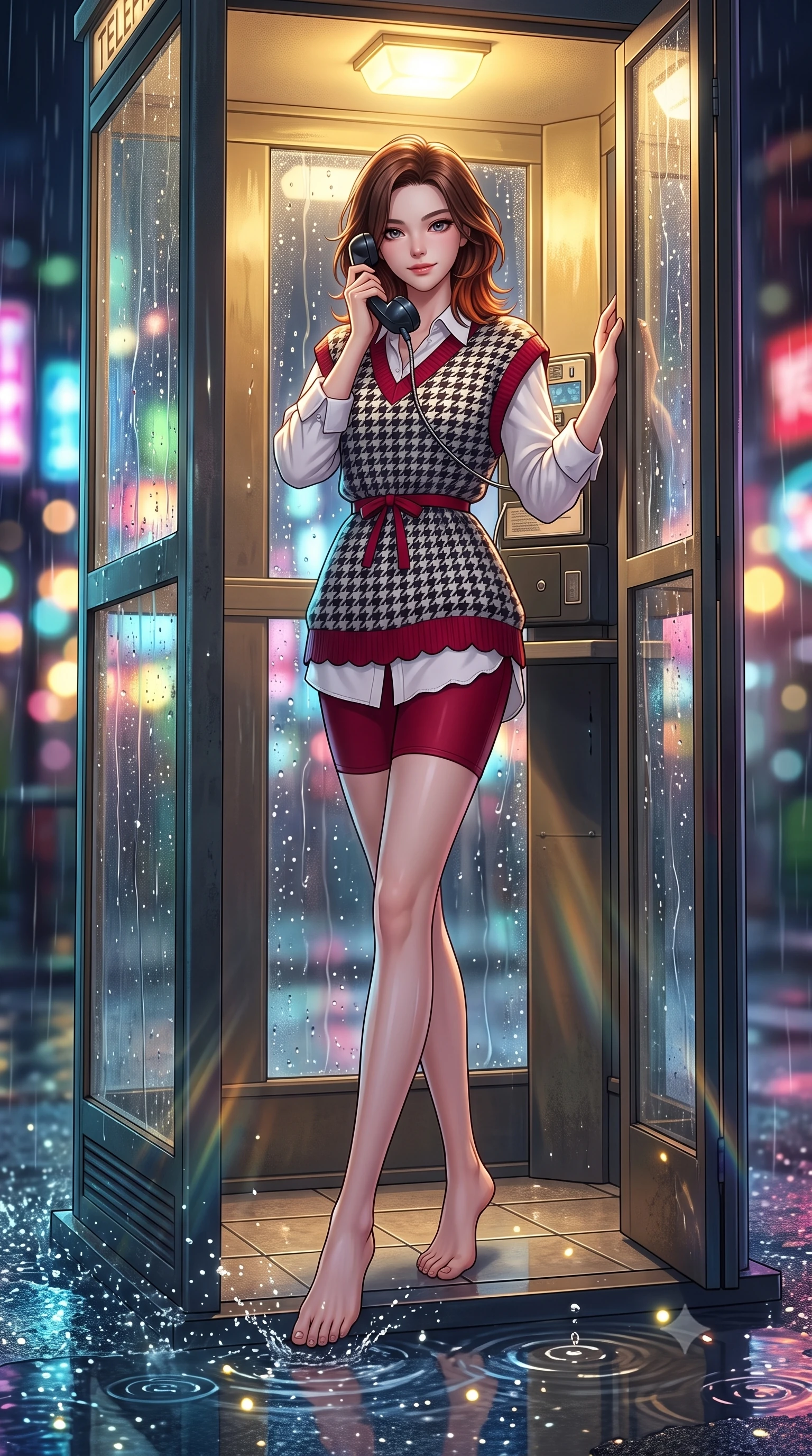 score_9, masterpiece, best quality, ultra-detailed, high-budget anime keyframe, semi-realistic 3D game render, editorial fashion photography, tasteful artistic composition, Korean woman. low angle full-body shot from head to toe showing her feet, filling the entire 9:16 vertical frame with her statuesque presence, stretching her vertical silhouette. pivoting dynamically with supreme athletic balance and poise, her impossibly long slender legs creating a breathtaking line while standing inside a vintage glass telephone booth with raindrops streaming down the panes, holding the receiver with a gentle smile. The composition keeps background elements in soft focus with creamy bokeh. refracted telephone booth light rays and splashing puddle ripples scattering shimmering light motes. She has an absolutely perfect, statuesque 8.5-heads proportion, an exceptionally tall and slender model-like female figure with impossibly long slender legs, a toned flat midriff, and an ultra-slim waist. sharp v-shaped jawline, high-bridge nose, intricate jewel-like eyes with depth, thick eyelashes, glossy lips with a natural sheen, captivating and magnetic expression, flawlessly proportioned anatomical accuracy, strict slender model proportions, natural body alignment, perfectly sculpted long slender limbs, ultra-slim waistline, clean dynamic posture without body distortion. wearing an oversized 90s knit sweater vest worn over a crisp white boyfriend shirt and cycling shorts in classic monochrome houndstooth and cherry red, crafted from ultra-soft brushed fleece and vintage-washed jersey, finished with a dainty waist ribbon bow and scalloped hemline trims, the breezy yet form-flattering drape swaying gracefully with her steps, accentuating her long willowy limbs and slim waistline. bathed in cozy yellow interior phone booth lamp light contrasting with cool neon street reflections outside. highly saturated vibrant anime colors, detailed shading with soft gradients, rich glossy textures, high-contrast stereoscopic depth, volumetric dynamic lighting, master piece, 9:16 ratio