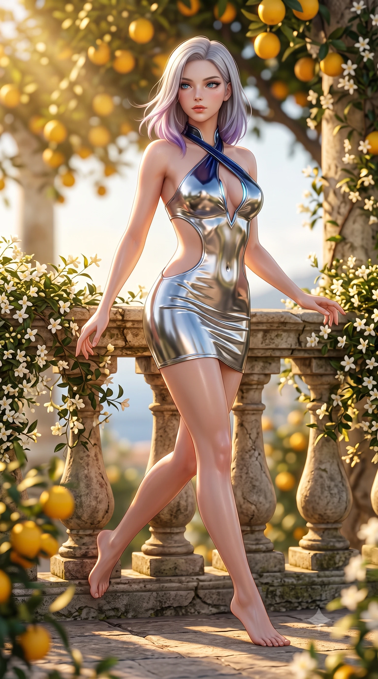 score_9, masterpiece, best quality, ultra-detailed, high-budget anime keyframe, semi-realistic 3D game render, editorial fashion photography, tasteful artistic composition, Caucasian woman. low angle full-body shot from head to toe showing her feet, filling the entire 9:16 vertical frame with her statuesque presence, stretching her vertical silhouette. pivoting dynamically in mid-motion with a breathtakingly alluring posture, displaying her flawless model proportions and ultra-slim waist while leaning against an antique stone balustrade draped in fragrant jasmine flowers as afternoon breezes flutter her dress. The composition keeps background elements in soft focus with creamy bokeh. golden citrus fruits and blooming jasmine vines blurred into warm, sun-drenched yellow and green bokeh. She has an absolutely perfect, statuesque 8.5-heads proportion, an exceptionally tall and slender model-like female figure with impossibly long slender legs, a toned flat midriff, and an ultra-slim waist. sharp v-shaped jawline, high-bridge nose, intricate jewel-like eyes with depth, thick eyelashes, glossy lips with a natural sheen, flawlessly proportioned anatomical accuracy, strict slender model proportions, natural body alignment, perfectly sculpted long slender limbs, ultra-slim waistline, clean dynamic posture without body distortion. wearing a molten silver liquid-metal mini dress featuring deep side-waist cutouts and a daring crossover halter neckline in deep royal navy blue and specular chrome, crafted from ultra-reflective second-skin latex with a high-gloss glass-like polish, featuring a dangerously unzipped neckline framed by glowing cybernetic accents, the form-contouring material adhering flawlessly to her sculpted flat midriff and slender torso, emphasizing her long leg lines and perfectly proportioned willowy build. bathed in warm golden afternoon sunbeams filtering through citrus canopies. highly saturated vibrant anime colors, detailed shading with soft gradients, rich glossy textures, high-contrast stereoscopic depth, volumetric dynamic lighting, master piece, 9:16 ratio