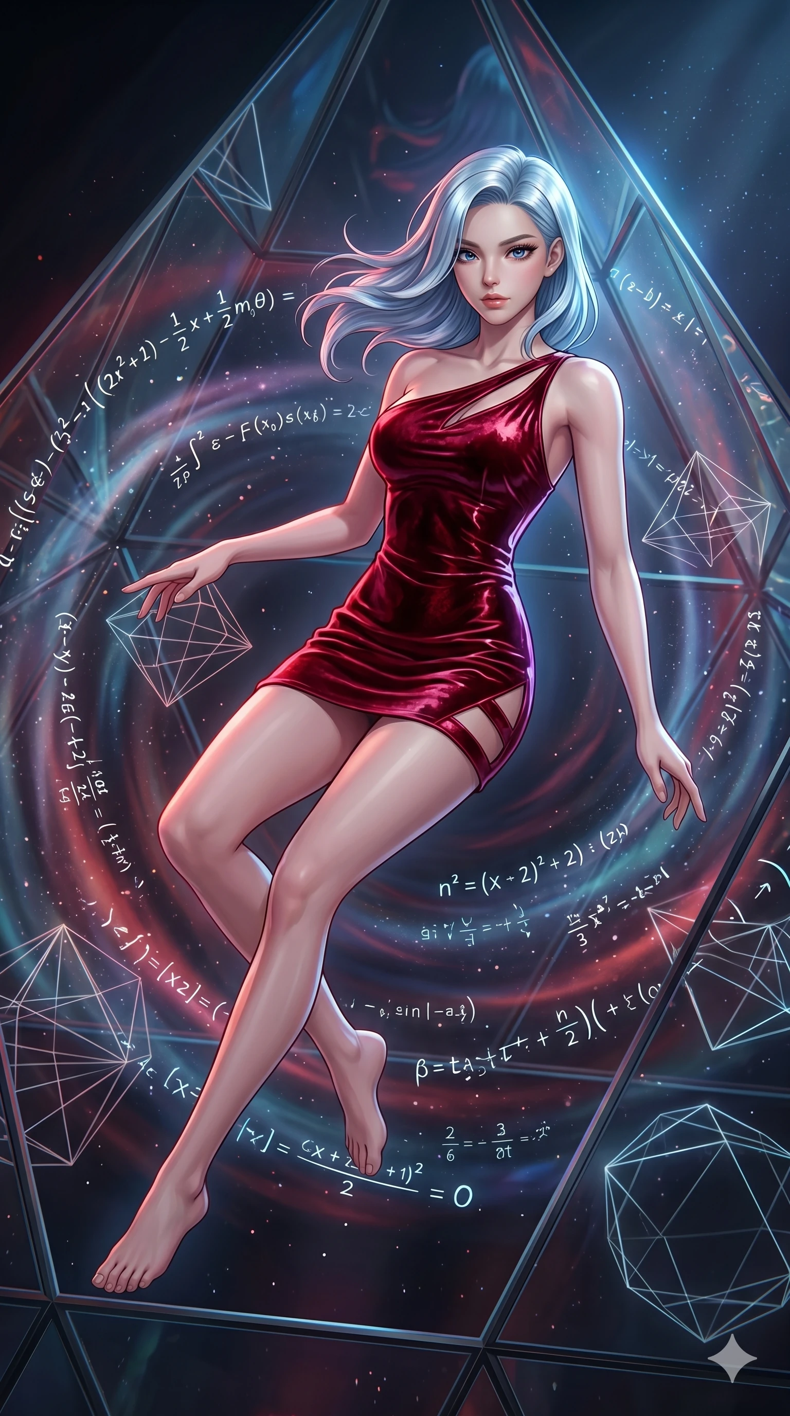 score_9, masterpiece, best quality, ultra-detailed, high-budget anime keyframe, editorial fashion photography, tasteful artistic composition, Korean woman. upper body close-up from the thighs up, character filling the screen for maximum presence. swirling in a vortex of inside a geometric glass pyramid surrounded by floating mathematical equations while floating geometrical wireframes rotate and pulse in synch. She has an absolutely perfect 8-heads proportion, an exceptionally tall and slender female figure with impossibly long slender legs and an ultra-slim waist. V-shaped jawline, high-bridge nose, intricate jewel-like eyes with depth, thick eyelashes, glossy lips with a natural sheen.. wearing an asymmetric liquid velvet slip dress, featuring a wet-look deep crimson red velvet one-shoulder mini slip with asymmetric geometric cutout trim. illuminated by dramatic chiaroscuro casting soft shadows along her curves, with vibrant backlighting highlighting the dust particles. 2k, ultra detail, master piece, 9:16 ratio