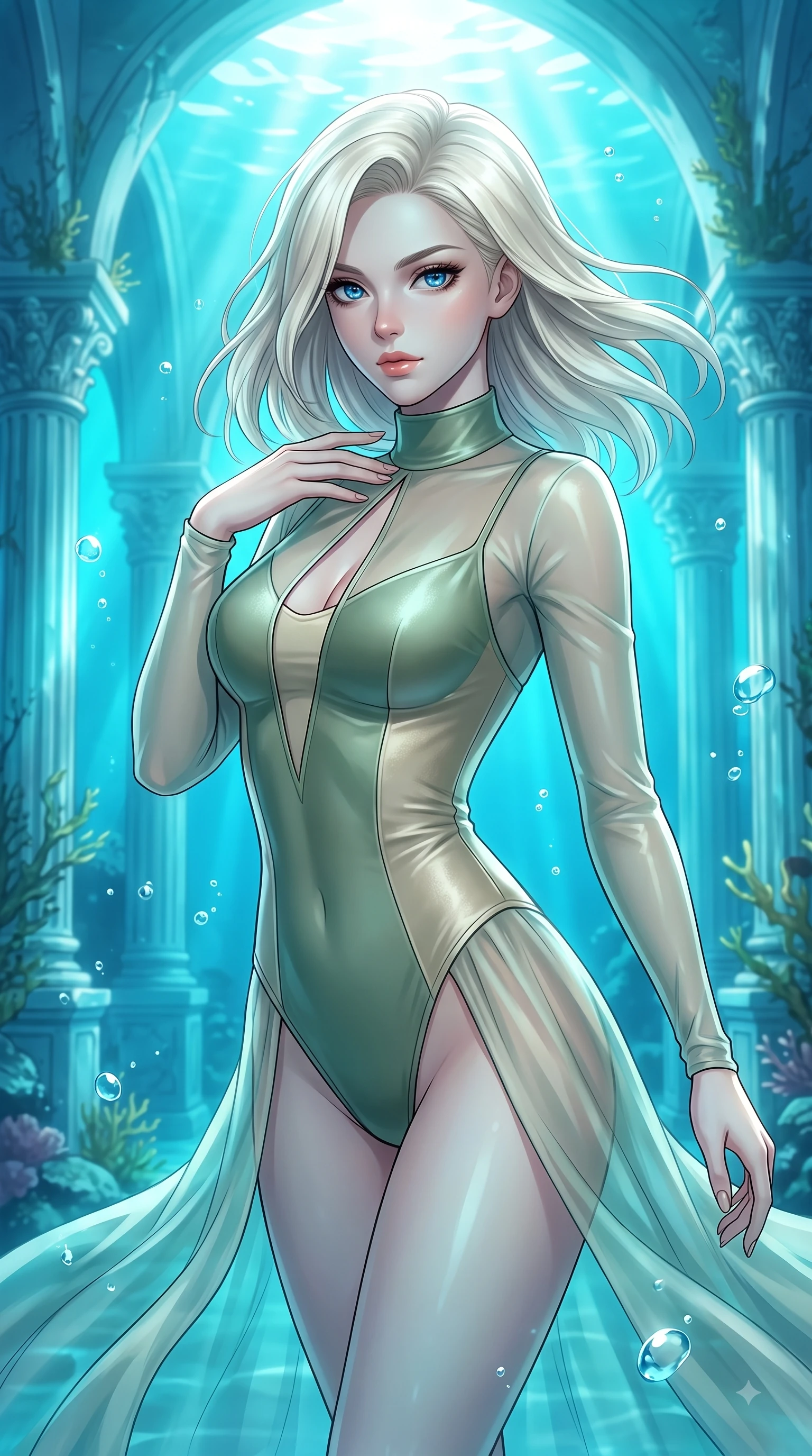 score_9, masterpiece, best quality, ultra-detailed, high-budget anime keyframe, editorial fashion photography, tasteful artistic composition, Caucasian woman. close-up cowboy shot from the waist and thighs up, the character dominates the composition, filling the frame with her large presence, background elements kept in soft focus. Pivoting her torso in an alluring S-curve alignment, one hand gently tracing her collarbone with poise while swimming gracefully in an alluring underwater pose through a sunken marble colonnade, gentle ocean currents swaying her lightweight attire in fluid underwater motions. She has an exceptionally elegant, slender, and willowy female figure with an ultra-slim waist, a gracefully sculpted slender torso, and a refined silhouette. sharp v-shaped jawline, high-bridge nose, intricate jewel-like eyes with depth, thick eyelashes, glossy lips with a natural sheen, flawlessly proportioned anatomical accuracy, natural body alignment, perfectly sculpted elegant limbs, clean dynamic posture without body distortion. wearing a semi-opaque sheer overlay dress over a leather micro-bodysuit in sage green and oatmeal, made of premium stretch velvet with a rich sheen, accented with a Tasteful chest slit framing her clavicle gracefully, the tailored fabric tightly following every curve of her athletic build. bathed in brilliant underwater sunbeams and soft turquoise caustic glow. highly saturated vibrant anime colors, detailed shading with soft gradients, rich glossy textures, high-contrast stereoscopic depth, volumetric dynamic lighting, master piece, 9:16 ratio
