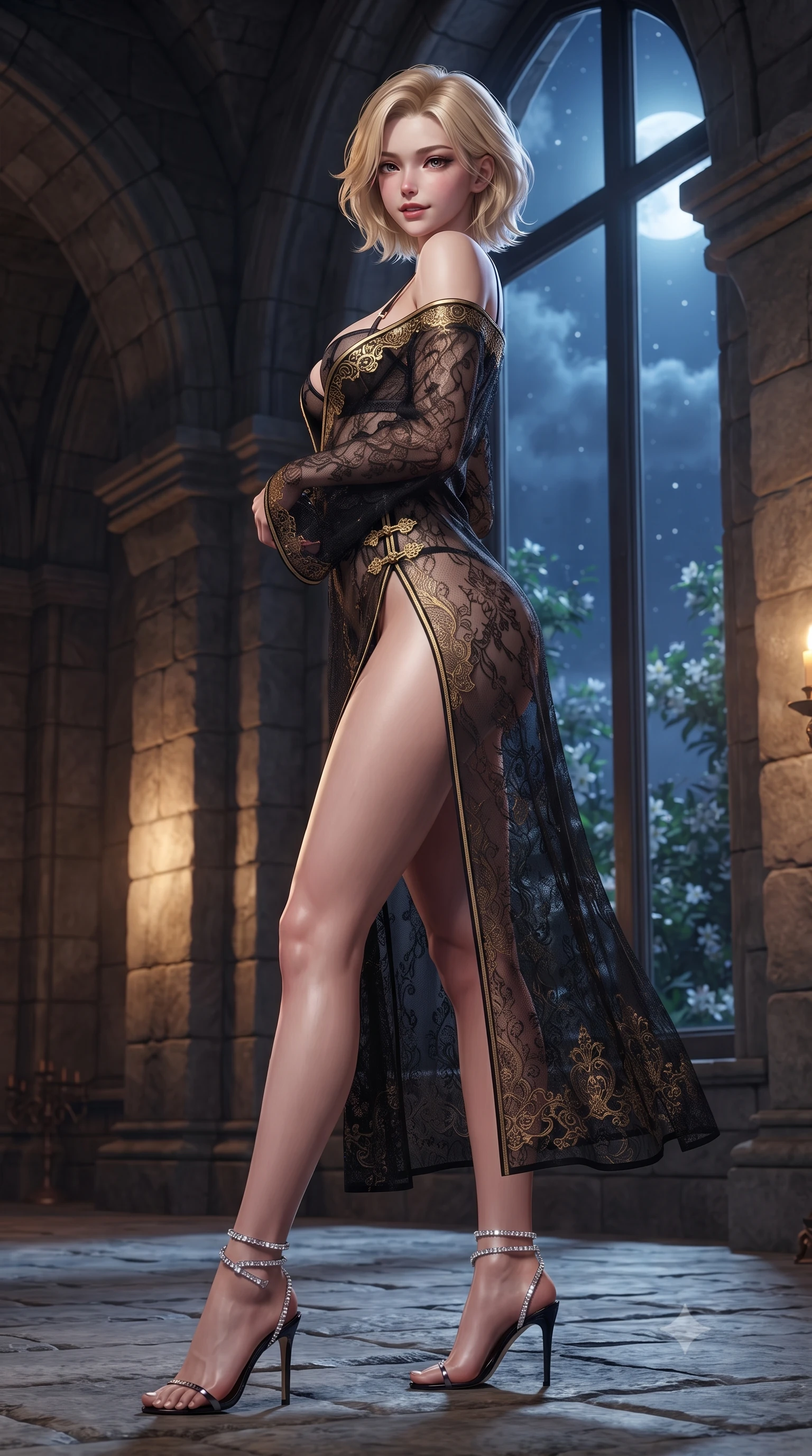 score_9, masterpiece, best quality, ultra-detailed, high-budget anime keyframe, editorial fashion photography, tasteful artistic composition, Caucasian woman. close-up cowboy shot from the waist and thighs up, the character dominates the composition, filling the frame with her large presence. resting both hands lightly behind her neck with elbows raised, arching her spine to highlight her narrow waist, flat midriff, and breathtaking collarbones while sitting perched on the smooth granite patio boulder with legs crossed, running one manicured hand slowly along her neck with magnetic poise. The surrounding environment is rendered in vivid detail and crisp panoramic clarity: detailed garment tailoring, bodycon or sheer fit, and desert modernist engineering in razor-sharp precision. She has an exceptionally elegant, slender, and willowy female figure with an ultra-slim waist, flat toned midriff, narrow ribcage, and sculpted feminine hips creating an alluring, slim hourglass silhouette without bulk. sharp v-shaped jawline, high-bridge nose, intricate jewel-like sparkling eyes with depth, thick eyelashes, glossy parted lips with a natural peach sheen, bright cheerful beaming smile with an enchanting and coquettish sensual glint, exuding both youthful cute charm and seductive allure, flawlessly proportioned anatomical accuracy, strict slender model proportions, natural body alignment, perfectly sculpted long slender limbs, ultra-slim waistline, clean dynamic posture without body distortion. wearing a tailored velvet bodycon cocktail dress with long fitted sleeves and mock neck in Tanjong Pagar Peranakan jade green and gilded vermilion, crafted from fluid liquid silk satin that clings smoothly to her narrow waist and rounded hips with a dewy sheen, complemented by sheer opera-length evening gloves tracing her slender arms, the second-skin tailored fabric adhering flawlessly to her sculpted flat midriff and slender torso, emphasizing her long leg lines and perfectly proportioned willowy build. bathed in the brilliant silver starlight of the unpolluted Mojave sky contrasted with warm 2200K interior fireplace glows. ultra-reflective glossy finish, specular highlights, rich textural contrasts, high-contrast stereoscopic depth, volumetric dynamic lighting, 2k, ultra detail, master piece, 9:16 ratio