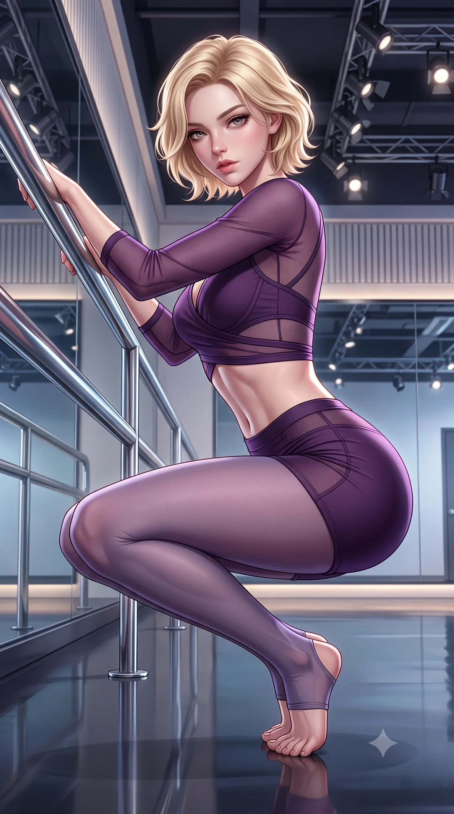score_9, masterpiece, best quality, ultra-detailed, high-budget anime keyframe, semi-realistic 3D game render, editorial fashion photography, tasteful artistic composition, Caucasian woman. close-up cowboy shot from the waist and thighs up, the character dominates the composition, filling the frame with her large presence. leaning forward against the polished railing with her hips cocked back, creating an intoxicating curve from her narrow waist to sculpted hips as she gazes back into the lens while crouching in a low, balanced dancer plié on the reflective floor, her athletic feminine curves and toned hips creating a breathtaking line. The surrounding environment is rendered in vivid detail and crisp panoramic clarity. detailed muscle definition, fabric stretch tension lines, and studio spotlight fixtures in high clarity. She has an exceptionally elegant, slender, and willowy female figure with an ultra-slim waist, a gracefully sculpted slender torso, toned flat midriff, and rounded feminine hips creating an alluring hourglass silhouette. sharp v-shaped jawline, high-bridge nose, intricate jewel-like eyes with depth, thick eyelashes, glossy parted lips with a natural sheen, intensely captivating and seductive bedroom-eyes expression, flawlessly proportioned anatomical accuracy, strict slender model proportions, natural body alignment, perfectly sculpted long slender limbs, ultra-slim waistline, clean dynamic posture without body distortion. wearing a chic ballerina wrap top paired with form-fitting stretch shorts and sheer stirrup tights in deep plum violet and dusky lavender, made of sheer contouring power-mesh panels with anatomical curve lines, finished with high-cut leg elastic bands defining her long leg lines, the second-skin form-contouring cut accentuating her sculpted flat midriff, narrow waistline, and dramatically curvy hips without adding bulk. illuminated by crisp specular rim lights accentuating her narrow waist, curved hips, and long legs. highly saturated vibrant anime colors, detailed shading with soft gradients, rich glossy textures, high-contrast stereoscopic depth, volumetric dynamic lighting, master piece, 9:16 ratio