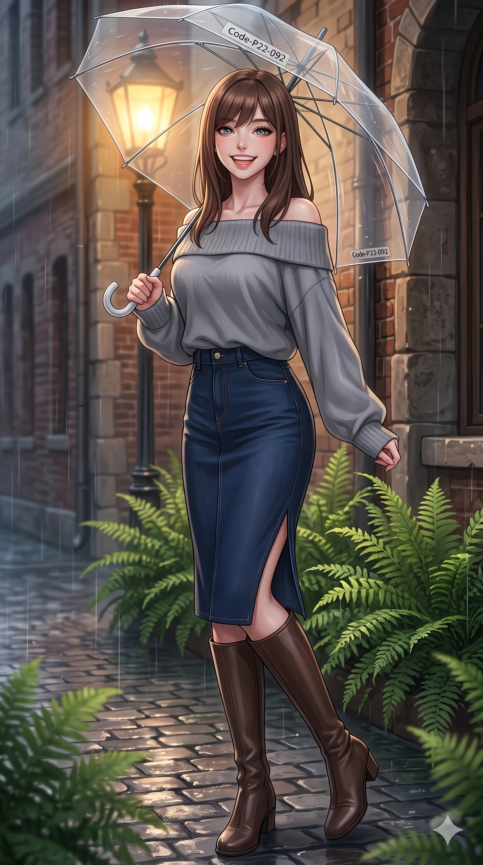 score_9, masterpiece, best quality, ultra-detailed, high-budget anime keyframe, vibrant anime aesthetic, Korean woman. close-up cowboy shot from the waist and thighs up, the character dominates the composition, filling the frame with her large presence, background elements kept in soft focus. She is posing with a bright, energetic grin, her eyes glowing with energy, with her eyes bright and full of life standing amidst vibrant green ferns. standing on a rain-slicked cobblestone street under a warm glowing gaslight, holding a clear umbrella (Code-P22-092). She has an absolutely perfect proportion, an exceptionally elegant and slender female figure with an ultra-slim waist. V-shaped jawline, high-bridge nose, intricate jewel-like eyes with depth, thick eyelashes, glossy lips with a natural sheen. wearing an off-shoulder oversized sweater paired with a refined side vent denim skirt in midnight blue. She is drenched in soft, diffused light of a rainy afternoon, creating clean outlines, accentuating her slender silhouette inside the glass pavilion. 2k, ultra detail, master piece, 9:16 ratio