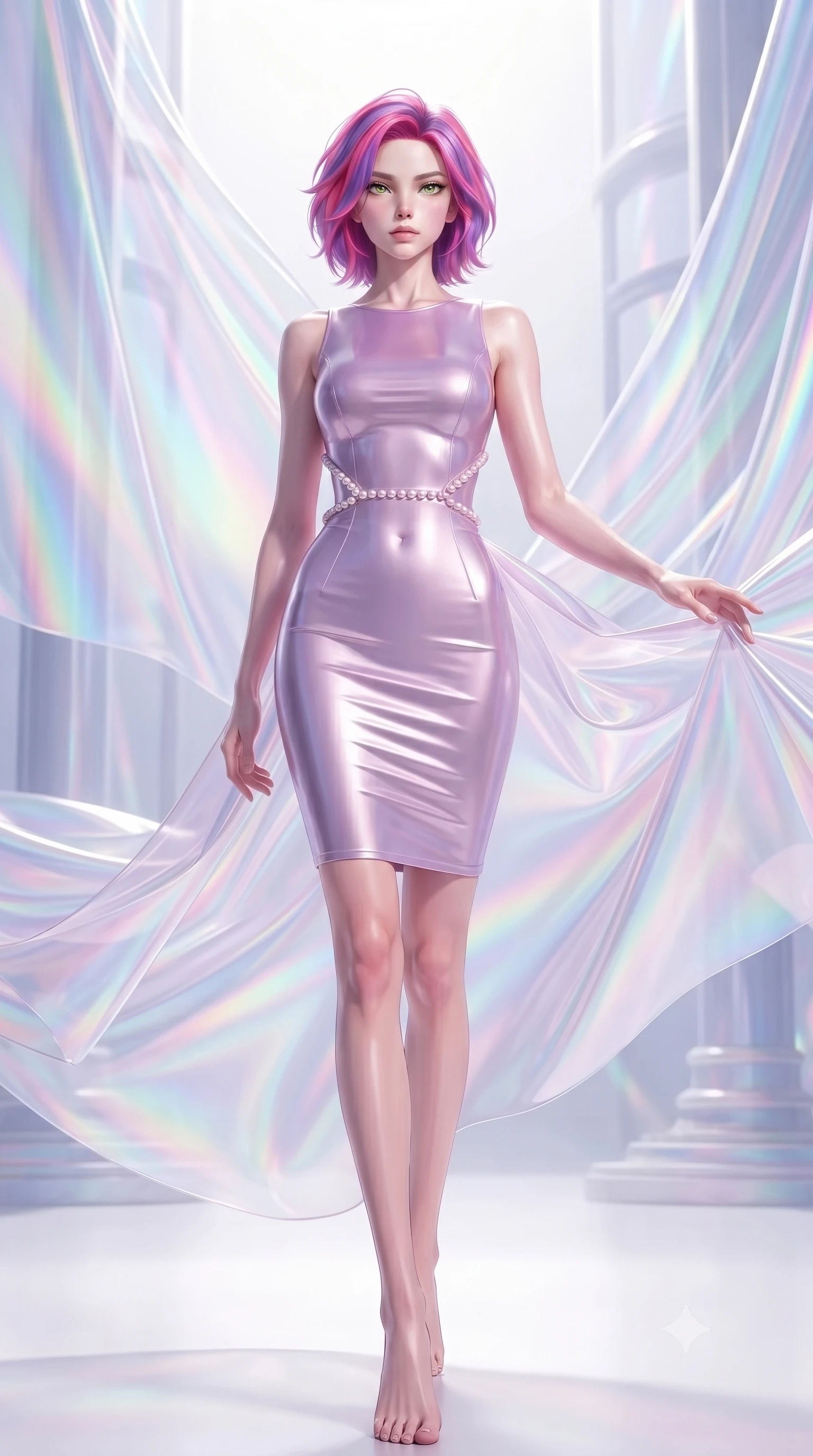 score_9, masterpiece, best quality, ultra-detailed, high-budget anime keyframe, editorial fashion photography, tasteful artistic composition, Caucasian woman. low angle full-body shot from head to toe showing her feet, filling the entire 9:16 vertical frame with her statuesque presence, stretching her vertical silhouette. navigating the celestial sanctuary with an effortless, graceful stride, touching a holographic silk veil that refracts daylight into brilliant pastel spectrums, sculptural draping emphasizing her ultra-slim waist and long silhouette. She has an absolutely perfect, statuesque 8.5-heads proportion, an exceptionally tall and slender model-like female figure with impossibly long slender legs and an ultra-slim waist. sharp v-shaped jawline, high-bridge nose, intricate jewel-like eyes with depth, thick eyelashes, glossy lips with a natural sheen. wearing aerodynamic second-skin rose-gold metallic bodycon dress in pastel lavender violet, made of iridescent hologram organza, adorned with minimalist pearl hardware framing the waistline, highlighting her statuesque proportions and ultra-slim waistline. lit by bright white studio key light with colorful prismatic rim lighting. ultra-reflective glossy finish, specular highlights, metallic sheen, high-contrast stereoscopic depth, volumetric dynamic lighting, 2k, ultra detail, master piece, 9:16 ratio
