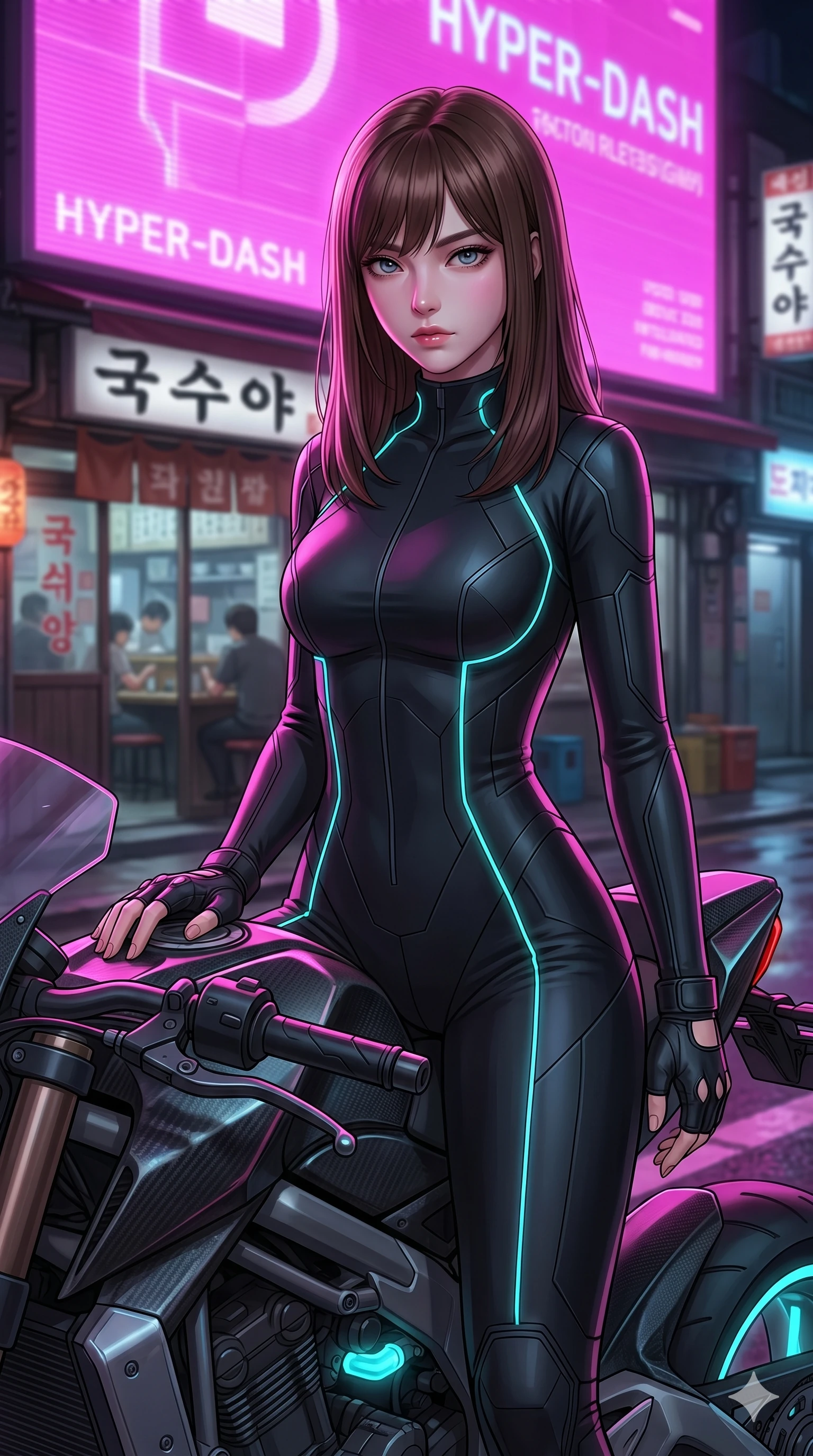 score_9, masterpiece, best quality, ultra-detailed, high-budget anime keyframe, editorial fashion photography, tasteful artistic composition, Korean woman. Upper body close-up from the thighs up, character filling the screen for maximum presence. Seated on a high-tech hoverbike parked outside a noodle shop, resting one hand on the handlebar, looking toward the camera with a commanding glance. She is wearing a sleek tailored tech-jumpsuit with glowing cyan piping and fingerless leather gloves. The scene is lit by the vibrant magenta glow of a giant holographic billboard. 2k, ultra detail, master piece, 9:16 ratio