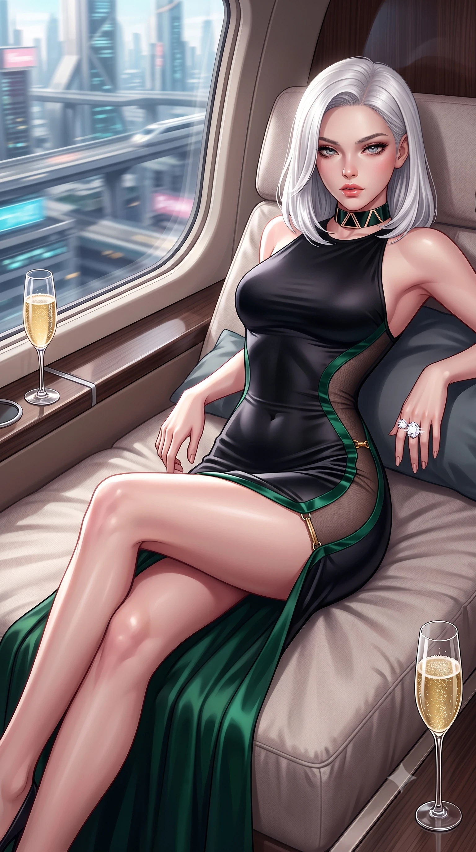 score_9, masterpiece, best quality, ultra-detailed, high-budget anime keyframe, semi-realistic 3D game render, editorial fashion photography, tasteful artistic composition, Korean woman. close-up cowboy shot from the waist and thighs up, the character dominates the composition, filling the frame with her large presence. leaning back with relaxed seductive grace, her sculpted collarbones and narrow waist highlighted as she casts smoldering bedroom-eyes directly into the camera while reclining languidly across the private cabin daybed, one slender leg extended to accentuate her willowy yet curvy silhouette. The surrounding environment is rendered in vivid detail and crisp panoramic clarity. detailed fabric tailoring, champagne glass bubbles, and futuristic cityscape speed blur in high clarity. She has an exceptionally elegant, slender, and willowy female figure with an ultra-slim waist, flat toned midriff, narrow ribcage, and sculpted feminine hips creating an alluring, slim hourglass silhouette without bulk. sharp v-shaped jawline, high-bridge nose, intricate jewel-like eyes with depth, thick eyelashes, glossy parted lips with a natural sheen, intensely captivating and seductive bedroom-eyes expression, flawlessly proportioned anatomical accuracy, strict slender model proportions, natural body alignment, perfectly sculpted long slender limbs, ultra-slim waistline, clean dynamic posture without body distortion. wearing a second-skin black silk jersey maxi dress with asymmetrical sheer mesh side panels tracing the full curve of her hip in deep emerald green satin and gold hardware, tailored from ultra-smooth duchess satin with a pearlescent sheen, complemented by a bold geometric choker and sparkling cocktail ring, the second-skin form-contouring cut accentuating her sculpted flat midriff, narrow delicate ribcage, and gracefully curvy hips with supermodel precision. illuminated by sleek metallic specular reflections carving her narrow waistline and curvy hips. highly saturated vibrant anime colors, detailed shading with soft gradients, rich glossy textures, high-contrast stereoscopic depth, volumetric dynamic lighting, master piece, 9:16 ratio