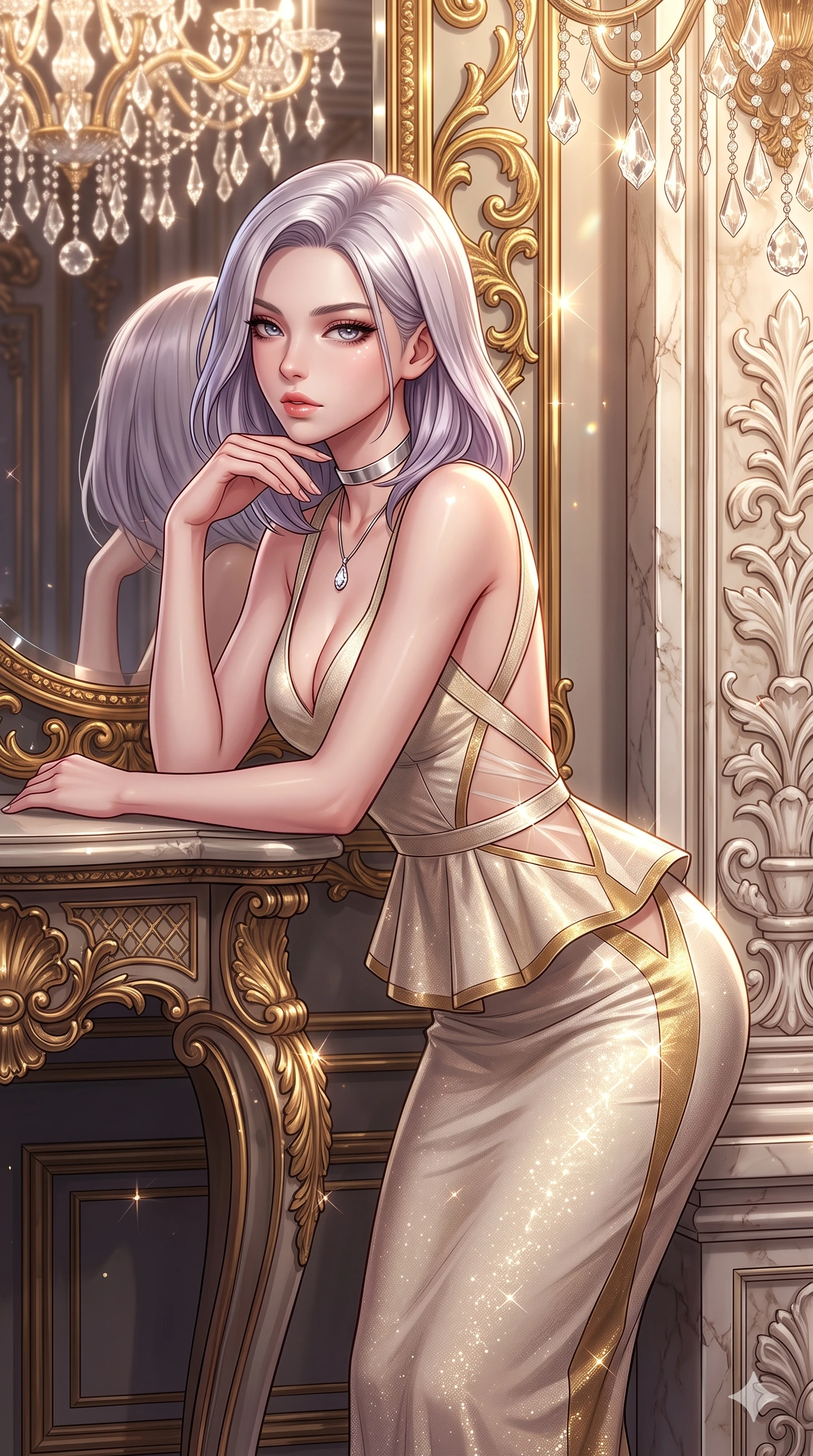 score_9, masterpiece, best quality, ultra-detailed, high-budget anime keyframe, semi-realistic 3D game render, editorial fashion photography, tasteful artistic composition, Caucasian woman. close-up cowboy shot from the waist and thighs up, the character dominates the composition, filling the frame with her large presence. resting one elbow on the table and supporting her chin, leaning close to the camera with heavy-lidded sparkling eyes and parted lips while leaning against the carved alabaster pilaster with hips cocked back, looking into the ornate mirror with heavy-lidded seductive bedroom-eyes. The surrounding environment is rendered in vivid detail and crisp panoramic clarity: sharp rococo gold-leaf scrollwork, mirror bevel speculars, and crisp alabaster stone grain in deep focus. She has an exceptionally elegant, slender, and willowy female figure with an ultra-slim waist, flat toned midriff, narrow ribcage, and sculpted feminine hips creating an alluring, slim hourglass silhouette without bulk. sharp v-shaped jawline, high-bridge nose, intricate jewel-like sparkling eyes with depth, thick eyelashes, glossy parted lips with a natural sheen, intensely captivating and seductive bedroom-eyes expression, exuding both youthful cute charm and sovereign luxury allure, flawlessly proportioned anatomical accuracy, strict slender model proportions, natural body alignment, perfectly sculpted long slender limbs, ultra-slim waistline, clean dynamic posture without body distortion. wearing a structural geometric peplum gown with sheer side-ribbon cutouts and form-fitting skirt in Istrian stone cream and antique gold-leaf, woven from stretch metallic lurex jersey casting radiant starlight glints across her curves, finished with a minimalist chrome choker and a single teardrop diamond pendant, the precision-cut side openings and low-back scoop framing her graceful spine and the sensual sweep of her slim, toned hips. bathed in the warm, sparkling brilliance of hundreds of crystal chandelier prisms creating complex multidirectional highlights. highly saturated vibrant anime colors, detailed shading with soft gradients, rich glossy textures, high-contrast stereoscopic depth, volumetric dynamic lighting, master piece, 9:16 ratio