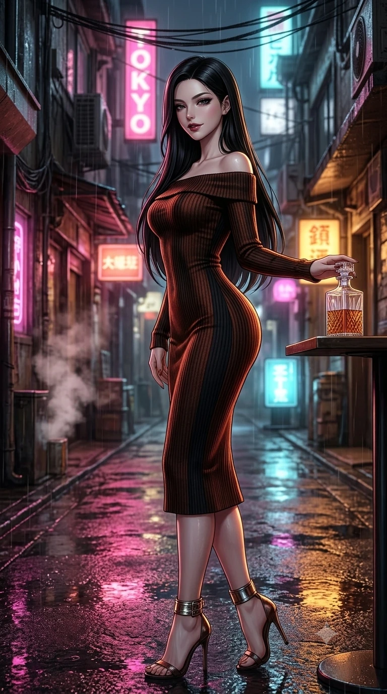 score_9, masterpiece, best quality, ultra-detailed, high-budget anime keyframe, semi-realistic 3D game render, editorial fashion photography, tasteful artistic composition, Korean woman. close-up cowboy shot from the waist and thighs up, the character dominates the composition, filling the frame with her large presence. twisting her slender torso in an alluring S-curve while reaching for a vintage crystal decanter, her dark tailored fit highlighting her hourglass curves while twisting her slender torso in an alluring S-curve in the narrow alley, neon pink and amber reflections contouring her flat midriff and hips. The background shows a soft-focus nocturnal Tokyo alleyway softened in atmospheric rain shallow focus. She has an exceptionally elegant, slender, and willowy female figure with an ultra-slim waist, flat toned midriff, narrow ribcage, and sculpted feminine hips creating an alluring, slim hourglass silhouette without bulk. sharp v-shaped jawline, high-bridge nose, intricate jewel-like dark sparkling eyes with dangerous depth, thick curled eyelashes, glossy parted lips with a rich wine sheen, smoldering seductive half-smile with bedroom-eyes, exuding effortless superiority and intoxicating dark allure, flawlessly proportioned anatomical accuracy, strict slender model proportions, natural body alignment, perfectly sculpted long slender limbs, ultra-slim waistline, clean dynamic posture without body distortion. wearing a form-contouring off-shoulder ribbed cashmere bodycon midi dress with a low-back scoop in dark burnt copper and matte black, woven from bespoke high-density barathea wool with refined ceremonial hold, complemented by strappy stiletto heels with metallic ankle cuffs accentuating her slender calves, the liquid-tight tailored fabric clinging flawlessly to her narrow waist and rounded feminine hips, emphasizing every millimeter of her sculpted slim hourglass curves without any bulky heaviness. illuminated by steam-lit ground bounce and sharp fuchsia-cyan rim lights defining her razor-sharp jawline, narrow waist, and curvy hips. highly saturated vibrant anime colors, detailed shading with soft gradients, rich glossy textures, high-contrast stereoscopic depth, volumetric dynamic lighting, master piece, 9:16 ratio