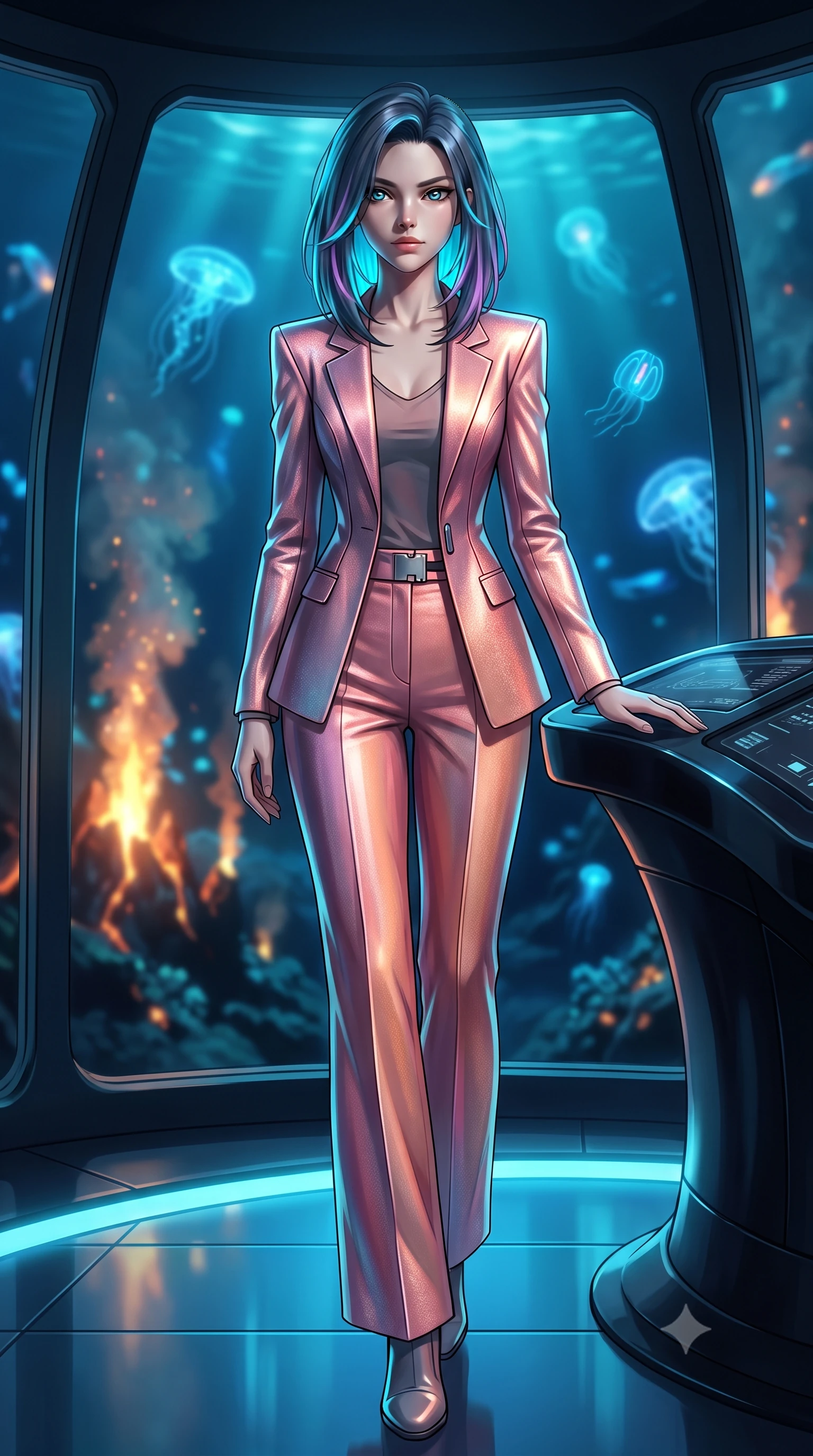 score_9, masterpiece, best quality, ultra-detailed, high-budget anime keyframe, editorial fashion photography, tasteful artistic composition, Caucasian woman. low angle full-body shot from head to toe showing her feet, filling the entire 9:16 vertical frame with her statuesque presence, stretching her vertical silhouette. stepping slowly toward the camera with hypnotic grace, hips swaying in an alluring sensual rhythm that accentuates her curvy hourglass silhouette and long slender legs while leaning against the curved obsidian console with hips cocked back, looking out into the abyssal darkness illuminated by hydrothermal vent fires with smoldering bedroom-eyes. The background shows a soft-focus glowing blue bioluminescent siphonophores and comb jellies, shimmering heat plumes from black smoker chimneys, and infinite ocean abyss blurred into sapphire, cyan, and topaz bokeh. She has an exceptionally tall and slender model-like 8.5-heads proportion, an ultra-slim waist, a flat toned midriff, narrow delicate ribcage, and beautifully sculpted feminine hips creating a graceful, slim hourglass silhouette without any bulky heaviness, with impossibly long slender legs. sharp v-shaped jawline, high-bridge nose, intricate jewel-like sparkling eyes with depth, thick eyelashes, glossy parted lips with a natural peach sheen, bright cheerful beaming smile with an enchanting and coquettish sensual glint, exuding both youthful cute charm and seductive allure, flawlessly proportioned anatomical accuracy, strict slender model proportions, natural body alignment, perfectly sculpted long slender limbs, ultra-slim waistline, clean dynamic posture without body distortion. wearing a bespoke Neo-Tokyo structured blazer with angular padded shoulders and wide-leg tailored tech-wool trousers in Solaris liquid rose-quartz and alien peach, tailored from high-density tech-wool with subtle metallic thread weave, finished with sleek magnetic buckle closures fluttering in the breeze, the bespoke structured tailoring following the natural line of her 8.5-heads silhouette with refined elegance. illuminated by acrylic floor reflection bounce and sharp sapphire-cyan rim lights sculpting her razor-sharp jawline, narrow waist, and curvy hips. ultra-reflective glossy finish, specular highlights, rich textural contrasts, high-contrast stereoscopic depth, volumetric dynamic lighting, 2k, ultra detail, master piece, 9:16 ratio