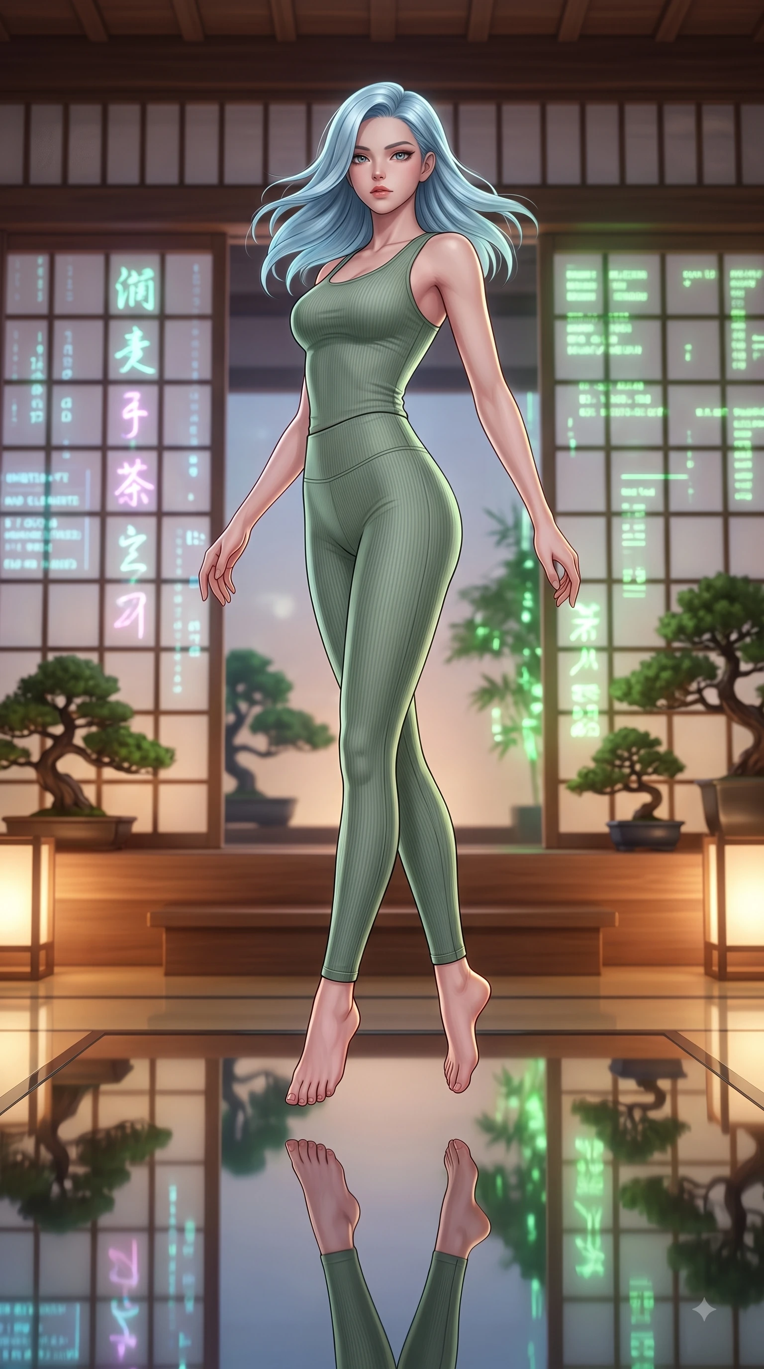 score_9, masterpiece, best quality, ultra-detailed, high-budget anime keyframe, editorial fashion photography, tasteful artistic composition, Korean woman woman. low angle full-body shot from head to toe showing her feet, filling the entire 9:16 vertical frame with her statuesque presence, stretching her vertical silhouette. She has an absolutely perfect, statuesque 8.5-heads proportion, an exceptionally tall and slender model-like female figure with impossibly long slender legs and an ultra-slim waist. mid-air spin above the reflective floor, maintaining an athletic and perfectly balanced poise, flawlessly proportioned anatomical accuracy, natural body alignment, perfectly sculpted elegant limbs, clean dynamic posture without body distortion. set against a soft-focus background of a cyber-zen tea room with digital shoji screens and bonsai. wearing a tight-fitting sage green ribbed activewear set with a body-hugging silhouette. bathed in soft warm wooden ambient glow with gentle green digital plant highlights. highly saturated vibrant anime colors, detailed shading with soft gradients, rich glossy textures, high-contrast stereoscopic depth, volumetric dynamic lighting, master piece, 9:16 ratio