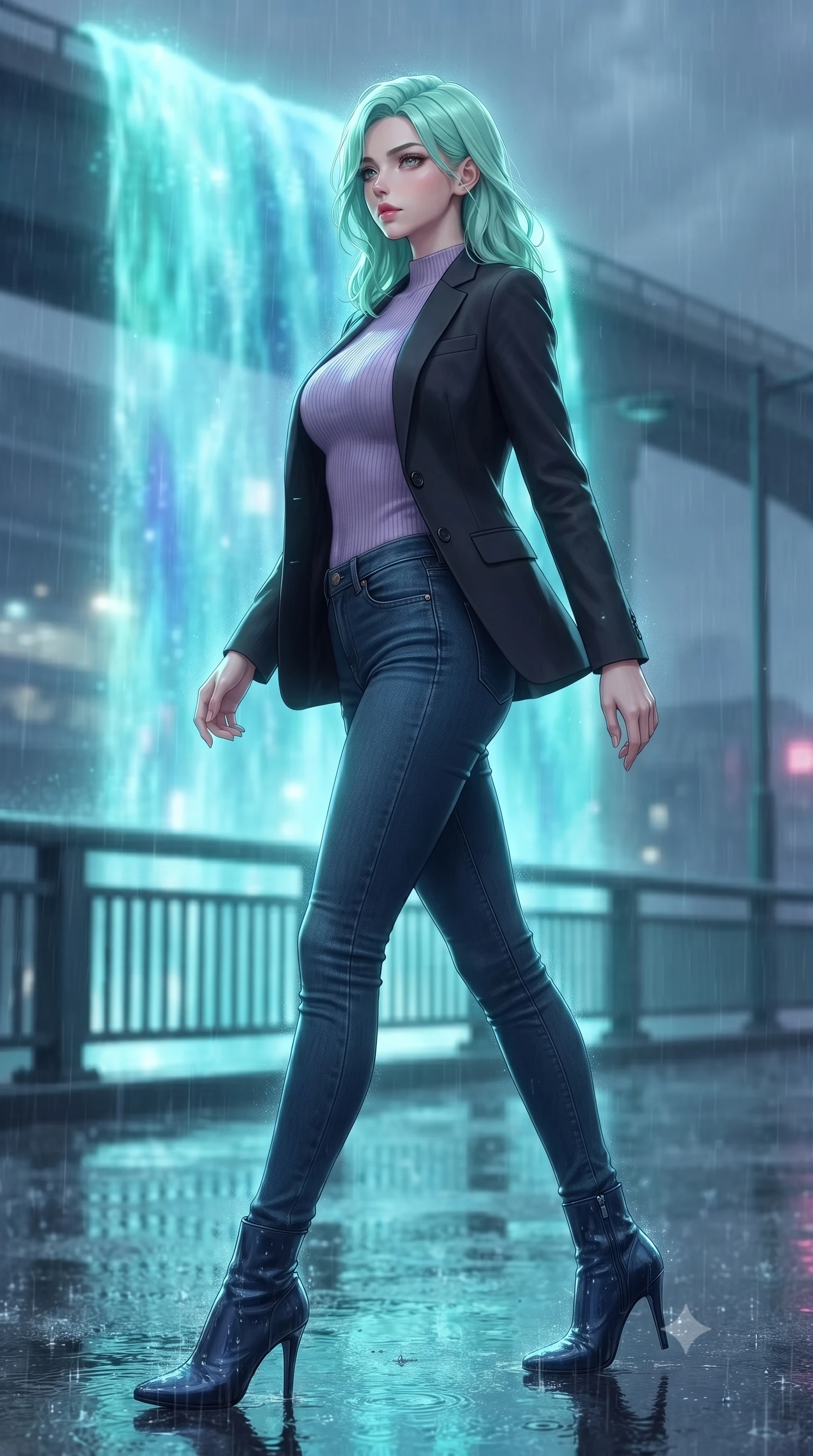 score_9, masterpiece, best quality, ultra-detailed, high-budget anime keyframe, editorial fashion photography, tasteful artistic composition, Japanese woman. low angle full-body shot from head to toe showing her feet, filling the entire 9:16 vertical frame with her statuesque presence, stretching her vertical silhouette. stepping gracefully while looking back over her shoulder, her dress draped tightly to reveal her silhouette the background shows a soft-focus a rain-swept bridge overlook facing a massive holographic waterfall advertisement. She has an absolutely perfect, statuesque 8.5-heads proportion, an exceptionally tall and slender model-like female figure with impossibly long slender legs and an ultra-slim waist. sharp v-shaped jawline, high-bridge nose, intricate jewel-like eyes with depth, thick eyelashes, glossy lips with a natural sheen. wearing a body-hugging tight-fitting lavender knit bodysuit worn under a tailored open blazer and jeans. shimmering turquoise light wrapping her silhouette in a cool glowing wash. ultra-reflective glossy finish, specular highlights, metallic sheen, high-contrast stereoscopic depth, volumetric dynamic lighting, 2k, ultra detail, master piece, 9:16 ratio