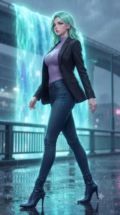 score_9, masterpiece, best quality, ultra-detailed, high-budget anime keyframe, editorial fashion photography, tasteful artistic composition, Japanese woman. low angle full-body shot from head to toe showing her feet, filling the entire 9:16 vertical
