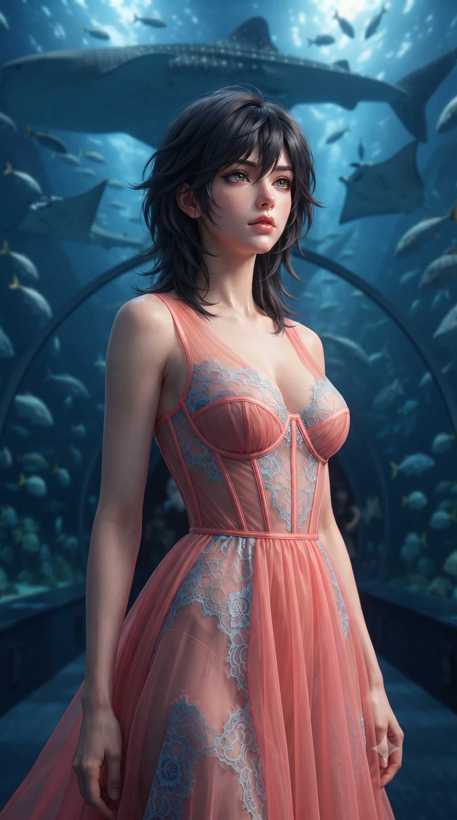 score_9, masterpiece, best quality, ultra-detailed, high-budget anime keyframe, editorial fashion photography, tasteful artistic composition, Caucasian woman, strictly human ears. close-up cowboy shot from the waist and thighs up, the character dominates the composition, filling the frame with her large presence, background elements kept in soft focus. Gazing into the distance with a wistful melancholic expression and softly glowing eyes. set against a soft-focus background of walking through a transparent acrylic tunnel in a massive deep-ocean aquarium with whale sharks manta rays and schools of tropical fish gliding silently overhead and on all sides in dark blue water. She has an exceptionally elegant and slender, willowy female figure with an ultra-slim waist, a gracefully sculpted slender torso, and a refined slim physique. sharp v-shaped jawline, high-bridge nose, intricate jewel-like eyes with depth, thick eyelashes, glossy lips with a natural sheen. wearing an ultra-sheer silk gown in coral pink, with sky-blue lace insets and visible structured boning throughout the bodice. dramatic chiaroscuro with a single golden key light sculpting her silhouette. 2k, ultra detail, master piece, 9:16 ratio
