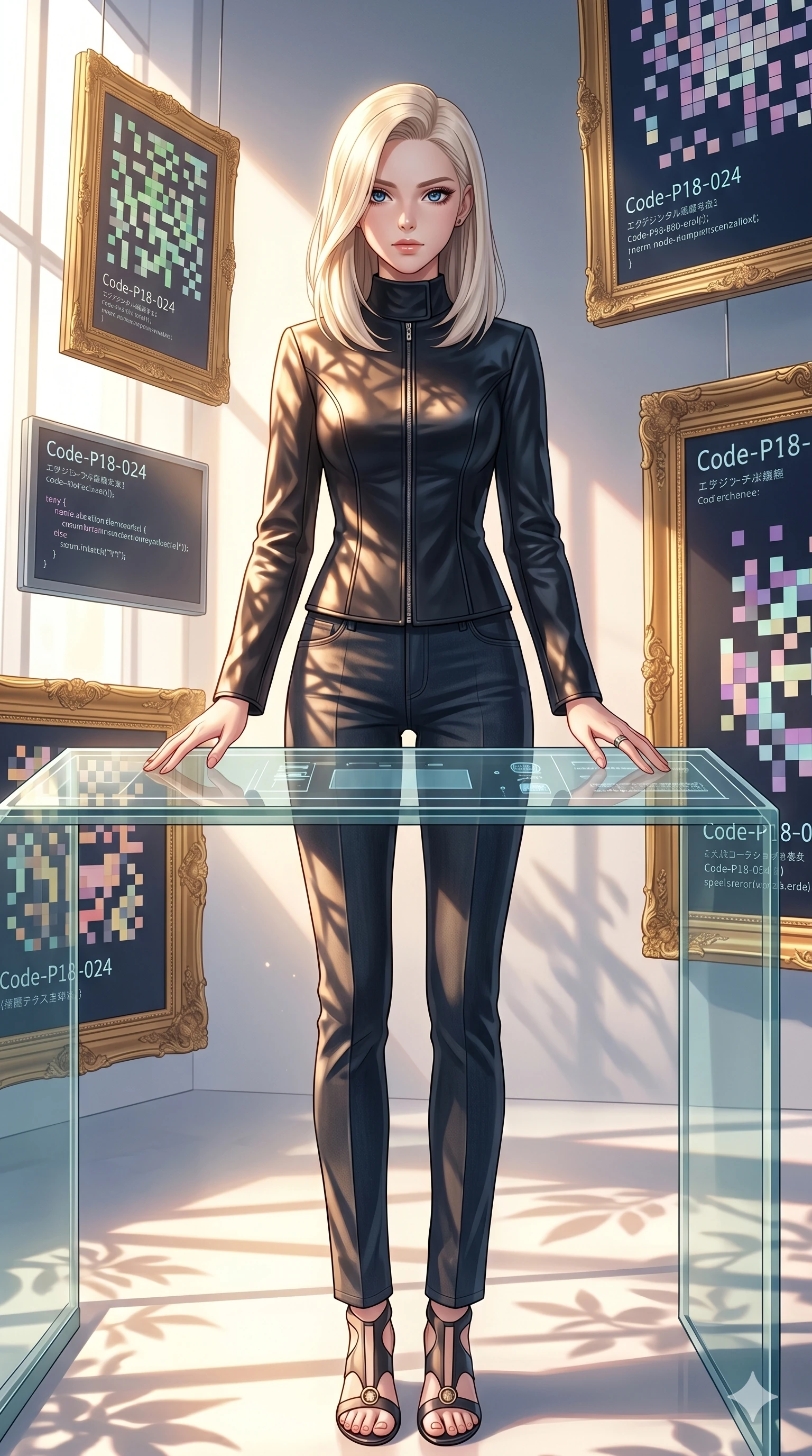 score_9, masterpiece, best quality, ultra-detailed, high-budget anime keyframe, editorial fashion photography, tasteful artistic composition, Caucasian woman, strictly human ears. low angle full-body shot from head to toe showing her feet, filling the entire 9:16 vertical frame with her statuesque presence, stretching her vertical silhouette. resting her hands on the control panel, looking at the camera with an air of quiet self-assurance inside an avant-garde gallery with floating gold-framed digital canvases (Code-P18-024). She has an absolutely perfect 8-heads proportion, an exceptionally tall and slender female figure with impossibly long slender legs and an ultra-slim waist. V-shaped jawline, high-bridge nose, intricate jewel-like eyes with depth, thick eyelashes, glossy lips with a natural sheen. wearing a tailored high-neck leather jacket over smart matching denim trousers. drenched in brilliant morning sunshine, casting long warm highlights and leaf patterns on her skin. 2k, ultra detail, master piece, 9:16 ratio