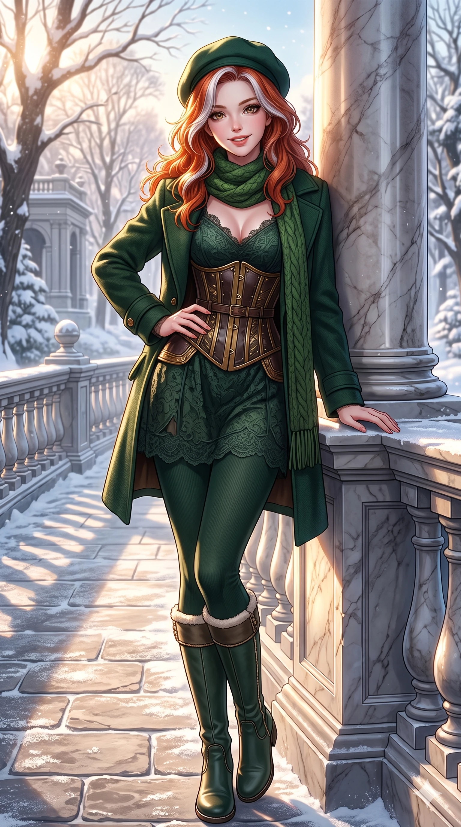 score_9, masterpiece, best quality, ultra-detailed, high-budget anime keyframe, vibrant anime aesthetic, Caucasian woman, strictly human ears. cowboy shot from the thighs up, character and outfit filling the frame for maximum presence. She is leaning against a marble pillar, casting a lively, smiling winter gaze at the lens on a stone bridge in a winter resort park in the sun (Code-P21-158). She has an absolutely perfect 8-heads proportion, an exceptionally tall and slender female figure with impossibly long slender legs and an ultra-slim waist. V-shaped jawline, high-bridge nose, intricate jewel-like eyes with depth, thick eyelashes, glossy lips with a natural sheen. wearing a semi-opaque corset over a green lace slip dress in winter. She is dramatic volumetric lighting from the rising winter sun, accentuating her statuesque silhouette. 2k, ultra detail, master piece, 9:16 ratio