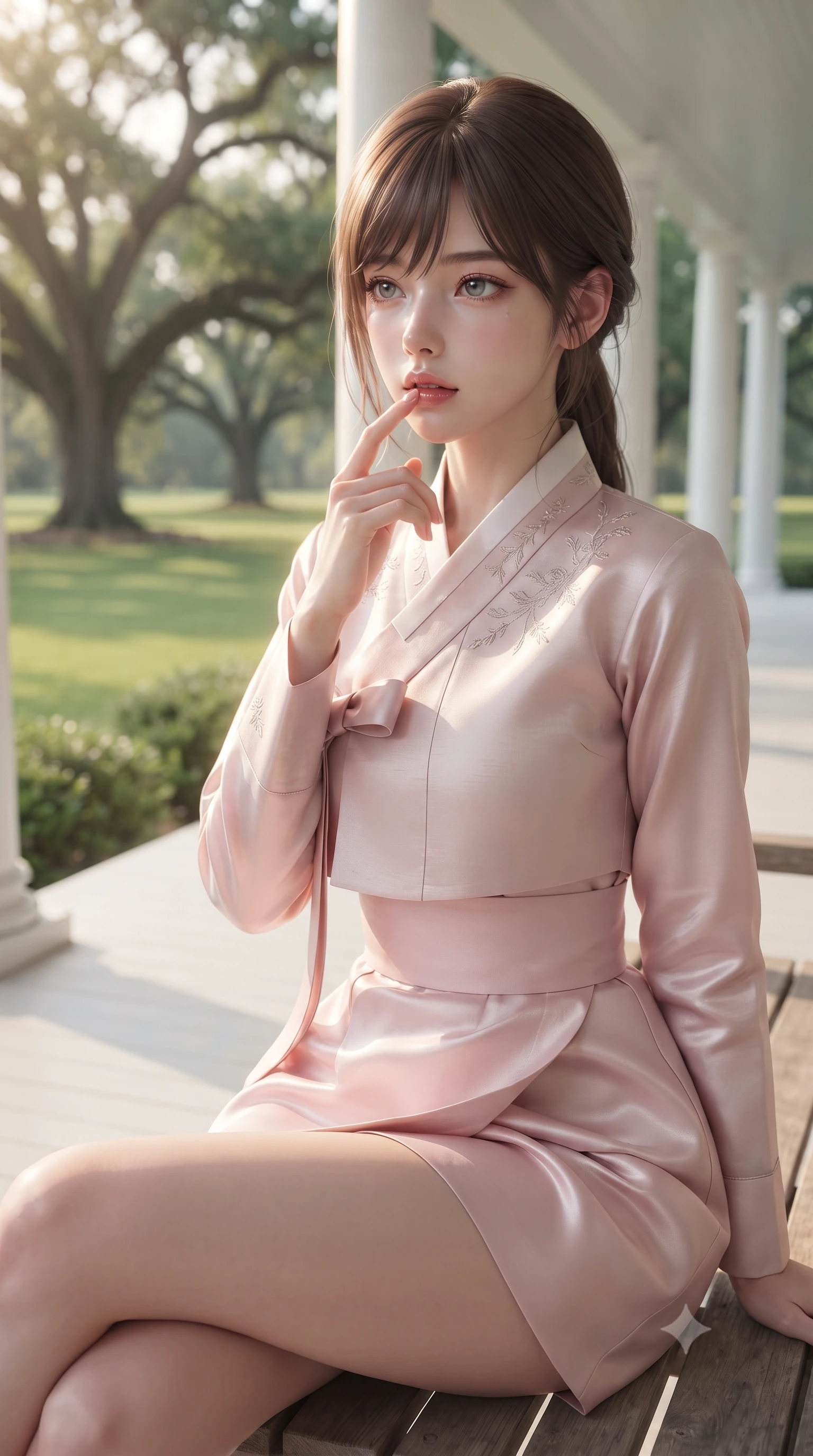 score_9, masterpiece, best quality, ultra-detailed, high-budget anime keyframe, editorial fashion photography, tasteful artistic composition, Korean woman woman. close-up cowboy shot from the waist and thighs up, the character dominates the composition, filling the frame with her large presence, background elements kept in soft focus. pressing one finger to her bottom lip in a thoughtful, seductive gesture under the warm sun the background shows a soft-focus a wide white veranda with rocking chairs, overlooking a large green lawn with oak trees. She has an exceptionally elegant, slender, and willowy female figure with an ultra-slim waist, a gracefully sculpted slender torso, and a refined silhouette. sharp v-shaped jawline, high-bridge nose, intricate jewel-like eyes with depth, thick eyelashes, glossy lips with a natural sheen. wearing a tailored modern fusion hanbok jeogori in light pink silk, paired with a high-waisted wrap skirt. soft late afternoon sunbeams casting a nostalgic, peaceful glow. ultra-reflective glossy finish, specular highlights, metallic sheen, high-contrast stereoscopic depth, volumetric dynamic lighting, 2k, ultra detail, master piece, 9:16 ratio
