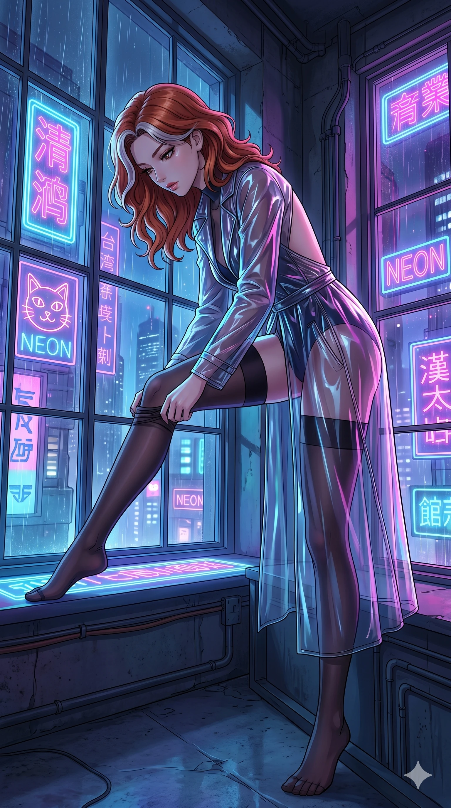 score_9, masterpiece, best quality, ultra-detailed, High-budget Anime Keyframe, East Asian woman. Low angle cowboy shot filling the entire 9:16 frame with her statuesque presence. Scenario 67: Adjusting her thigh-high stocking by a glowing neon window. Her presence is magnetic and overpowering in this high-budget anime scene. Outfit 67: A translucent PVC long with a backless design and wet-look texture. The clothing is designed to emphasize her exceptionally tall and slender 8-heads proportion. 8-heads proportion, towering silhouette, ultra-slim waist. sharp v-shaped jawline, intricate jewel-like eyes with depth, thick eyelashes, glossy lips. 2k, ultra detail, master piece, 9:16 ratio