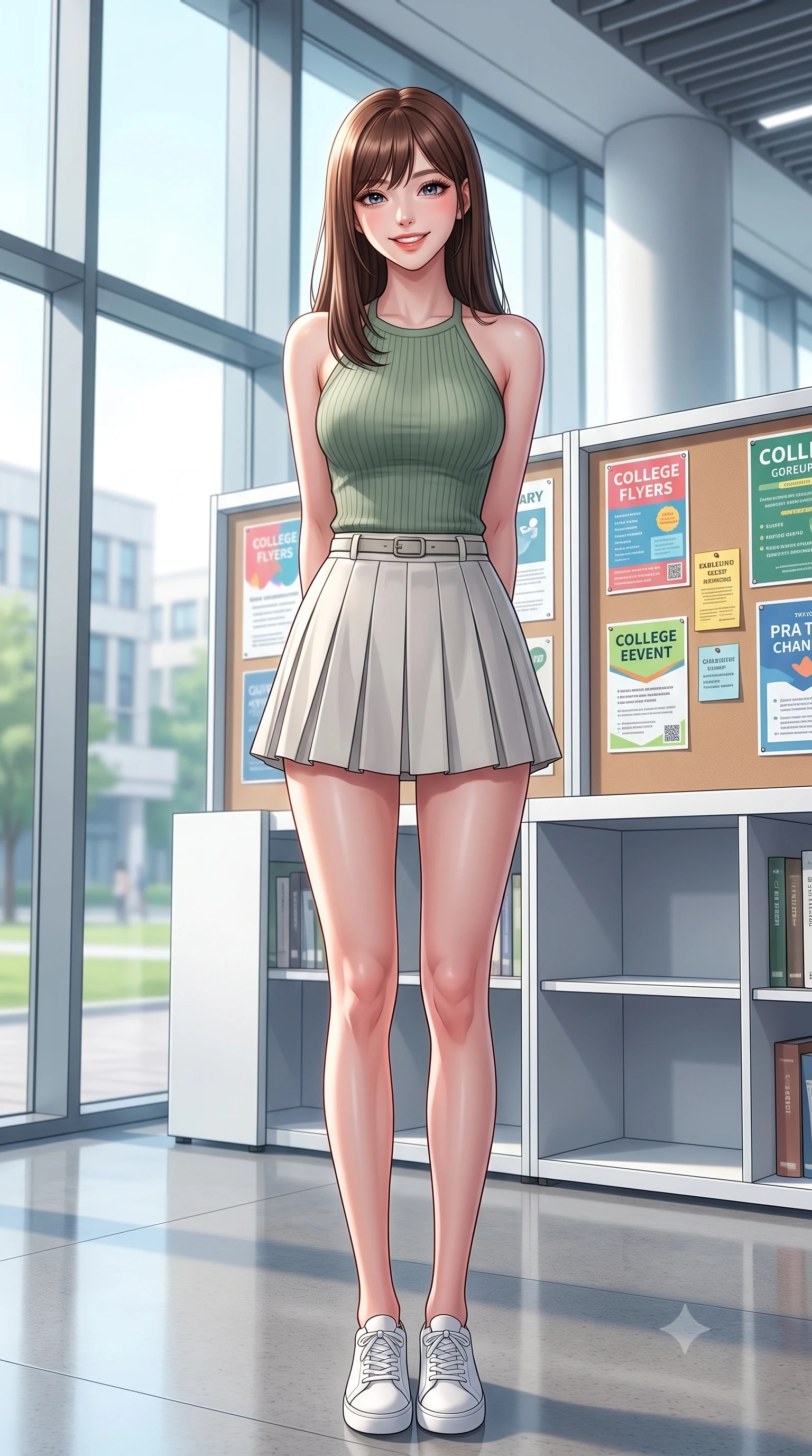 score_9, masterpiece, best quality, ultra-detailed, high-budget anime keyframe, editorial fashion photography, tasteful artistic composition, Korean woman. low angle full-body shot from head to toe showing her feet, filling the entire 9:16 vertical frame with her statuesque presence, stretching her vertical silhouette. standing with a cute, bright pose, tilting her head with a beaming smile set against a soft-focus background of inside a modern university library lounge with floor-to-ceiling glass windows and white bookshelves with colorful college flyers and posters decorating the bulletin boards behind her. She has an absolutely perfect, statuesque 8.5-heads proportion, an exceptionally tall and slender model-like female figure with impossibly long slender legs and an ultra-slim waist. sharp v-shaped jawline, high-bridge nose, intricate jewel-like eyes with depth, thick eyelashes, glossy lips with a natural sheen. wearing slim-fit tailored halter knit top in sage green, paired with a pleated mini skirt. soft diffused daylight creating a clean, high-key glow in the space. highly saturated vibrant anime colors, detailed shading with soft gradients, rich glossy textures, high-contrast stereoscopic depth, volumetric dynamic lighting, master piece, 9:16 ratio