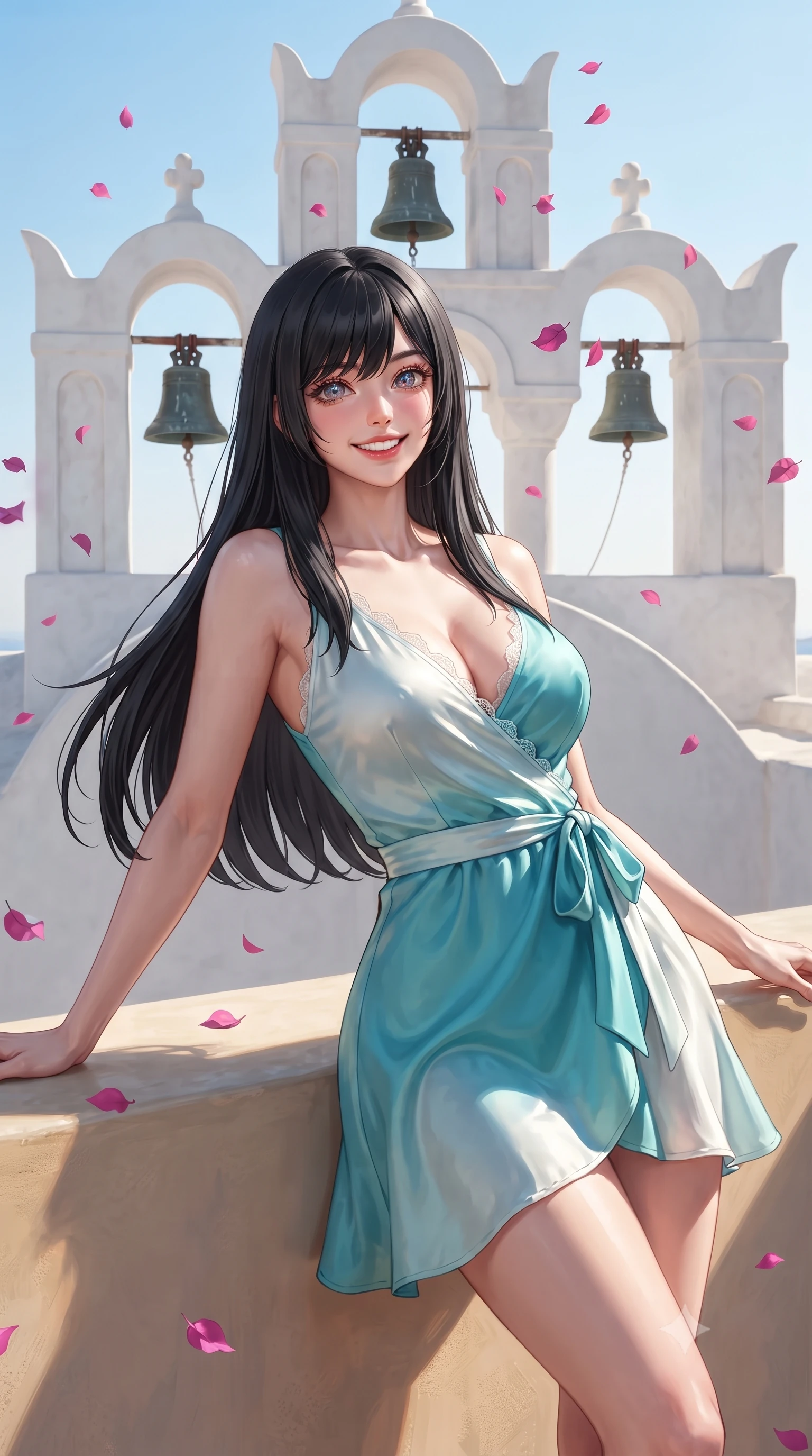score_9, masterpiece, best quality, ultra-detailed, high-budget anime keyframe, editorial fashion photography, tasteful artistic composition, Caucasian woman. close-up cowboy shot from the waist and thighs up, the character dominates the composition, filling the frame with her large presence. leaning back against the sunlit railing with relaxed seductive grace, her flat midriff and narrow waist highlighted as she smiles brightly with bewitching eyes while standing beneath the ornate whitewashed triple bell tower arch, arching her back with a radiant, joyful smile as bougainvillea petals drift down. The surrounding environment is rendered in vivid detail and crisp panoramic clarity. sharp lime-wash plaster textures, bell tower brass bells, and bougainvillea petal venation in deep focus. She has an exceptionally elegant, slender, and willowy female figure with an ultra-slim waist, flat toned midriff, narrow ribcage, and sculpted feminine hips creating an alluring, slim hourglass silhouette without bulk. sharp v-shaped jawline, high-bridge nose, intricate jewel-like sparkling eyes with depth, thick eyelashes, glossy parted lips with a natural peach sheen, bright cheerful beaming smile with an enchanting and coquettish sensual glint, exuding both youthful cute charm and seductive allure, flawlessly proportioned anatomical accuracy, strict slender model proportions, natural body alignment, perfectly sculpted long slender limbs, ultra-slim waistline, clean dynamic posture without body distortion. wearing a breezy wrap mini dress with a deep V-neckline and tie-waist accentuating her sculpted flat midriff and hips in ocean turquoise and sea-salt white, made of smooth fluid silk satin with a delicate pearlescent sheen, finished with delicate lace scallop edging along the neckline, the high-waisted tailoring accentuating her ultra-slim waistline and the enchanting curve of her feminine hips with alluring charm. illuminated by crisp directional highlights sharply defining her sculpted collarbones, ultra-slim waist, and curvy hips. ultra-reflective glossy finish, specular highlights, rich textural contrasts, high-contrast stereoscopic depth, volumetric dynamic lighting, 2k, ultra detail, master piece, 9:16 ratio