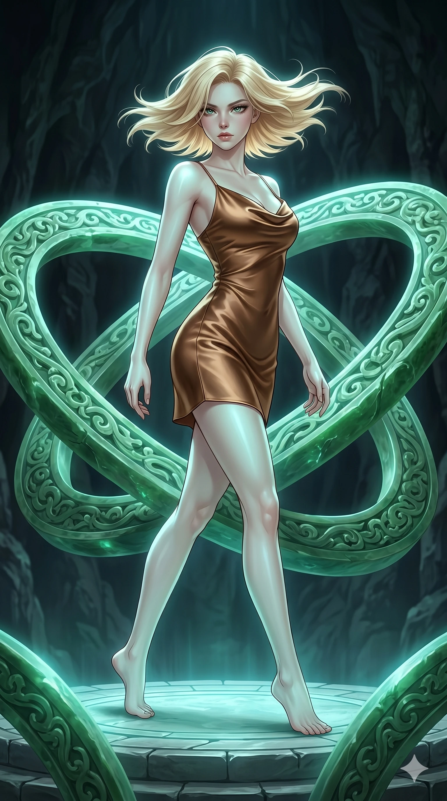 score_9, masterpiece, best quality, ultra-detailed, high-budget anime keyframe, editorial fashion photography, tasteful artistic composition, Caucasian woman, strictly human ears. low angle full-body shot from head to toe showing her feet, filling the entire 9:16 vertical frame with her statuesque presence, stretching her vertical silhouette. Pivoting sharply mid-step with hair sweeping dramatically behind on a circular platform surrounded by giant rotating rings of carved jade. She has an absolutely perfect 8-heads proportion, an exceptionally tall and slender female figure with impossibly long slender legs and an ultra-slim waist. V-shaped jawline, high-bridge nose, intricate jewel-like eyes with depth, thick eyelashes, glossy lips with a natural sheen. wearing a bias-cut slip dress in liquid bronze satin with a cowl neckline, thin spaghetti straps, and a form-contouring fit ending at mid-thigh. illuminated by soft aqua bioluminescent light that makes her skin luminously glow against the dark. 2k, ultra detail, master piece, 9:16 ratio