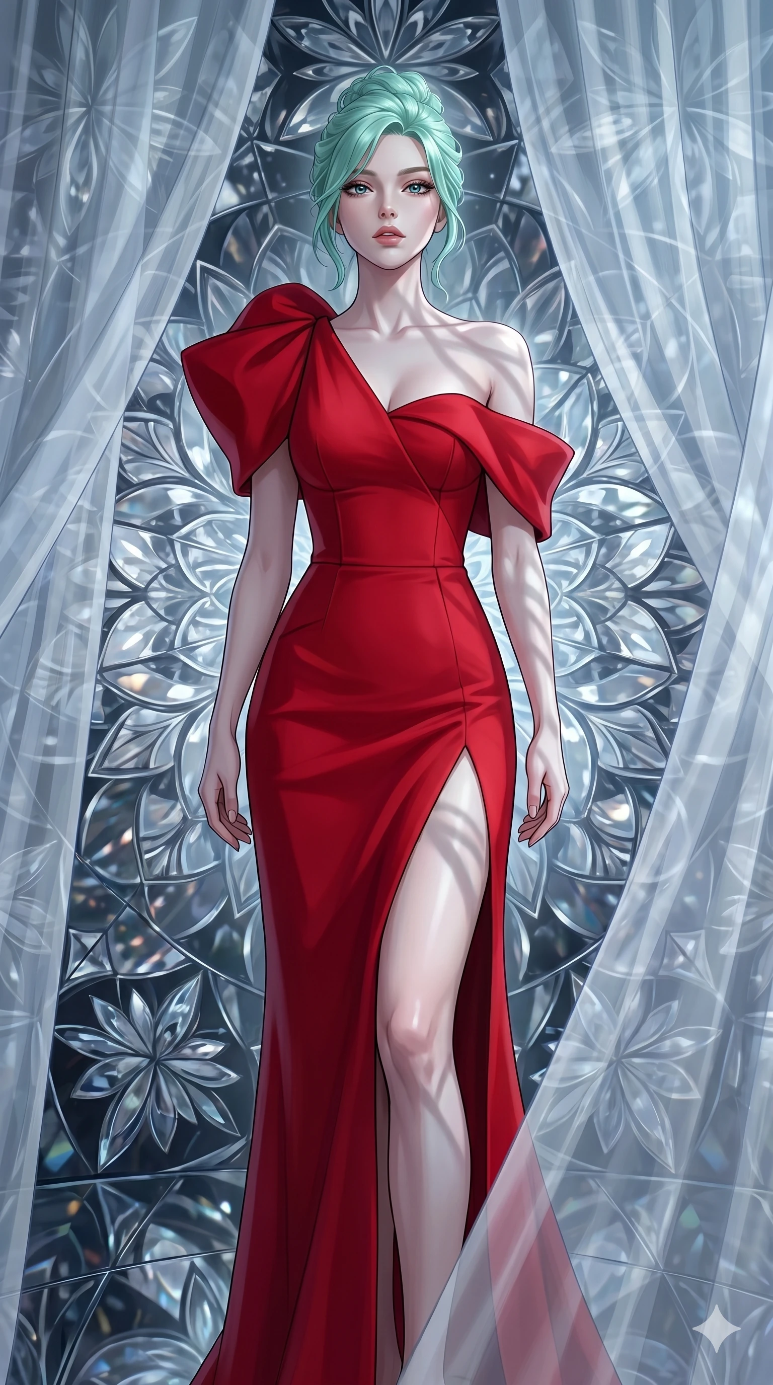 score_9, masterpiece, best quality, ultra-detailed, high-budget anime keyframe, editorial fashion photography, tasteful artistic composition, Japanese woman. cowboy shot from the thighs up, character and outfit filling the frame for maximum editorial presence. Tilting her chin up slightly with lips parted in a composed expression within a rotating kaleidoscope chamber where mirrored petals form endlessly shifting mandalas. She has an absolutely perfect 8-heads proportion, an exceptionally tall and slender female figure with impossibly long slender legs and an ultra-slim waist. V-shaped jawline, high-bridge nose, intricate jewel-like eyes with depth, thick eyelashes, glossy lips with a natural sheen. wearing a scarlet red crepe floor-length one-shoulder gown with a structured fitted bodice, a bold side slit ascending to mid-thigh, and dramatic architectural volume at the shoulder. bathed in cold silver moonlight filtered through translucent gossamer curtains casting soft shadows on her curves. 2k, ultra detail, master piece, 9:16 ratio