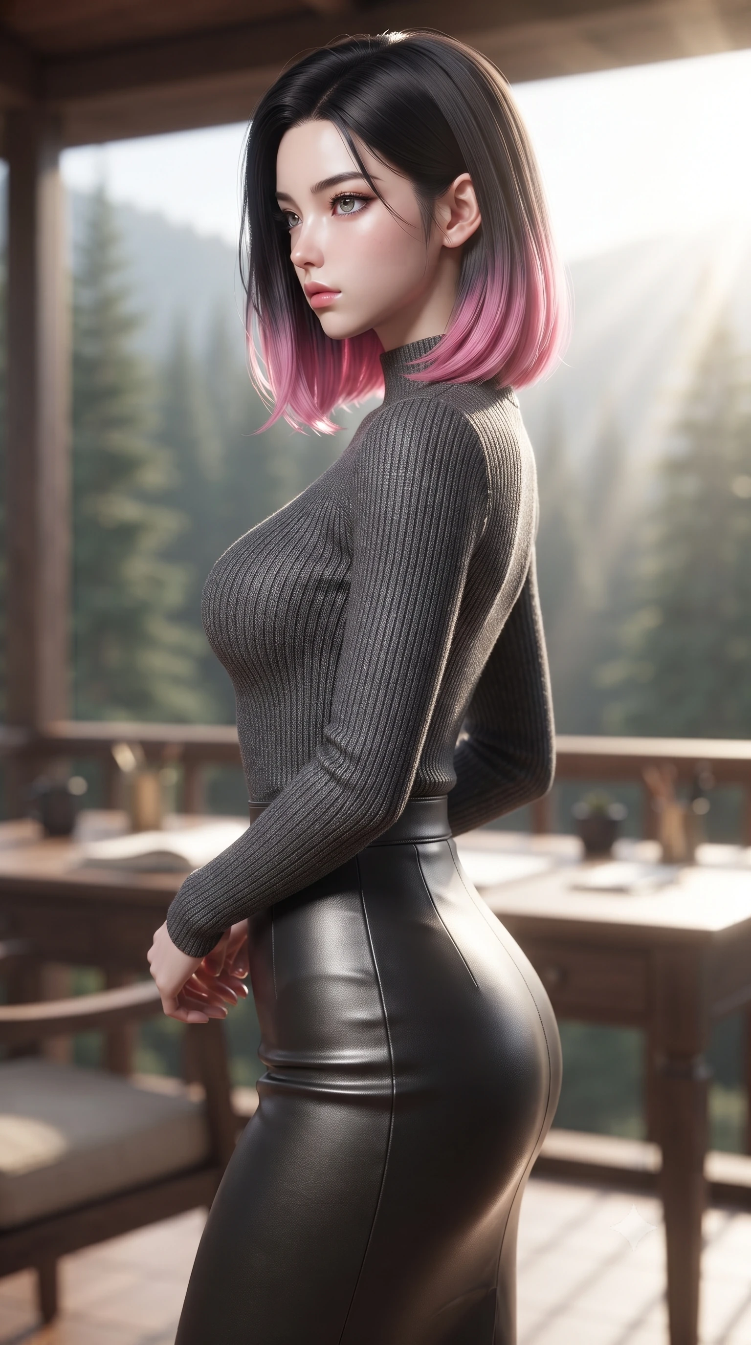 score_9, masterpiece, best quality, ultra-detailed, high-budget anime keyframe, editorial fashion photography, tasteful artistic composition, Korean woman. close-up cowboy shot from the waist and thighs up, the character dominates the composition, filling the frame with her large presence, background elements kept in soft focus. turning her face in sharp profile, casting a cold, mysterious, yet intensely alluring side gaze, the background shows a soft-focus a quiet writing desk on a glamping veranda facing a pine-covered valley. She has an exceptionally elegant, slender, and willowy female figure with an ultra-slim waist, a gracefully sculpted slender torso, and a refined silhouette. sharp v-shaped jawline, high-bridge nose, intricate jewel-like eyes with depth, thick eyelashes, glossy lips with a natural sheen. wearing a form-contouring body-hugging knit top in charcoal grey, paired with a tight-fitting leather midi skirt. bright morning sun rays creating fresh and energetic shadows. ultra-reflective glossy finish, specular highlights, metallic sheen, high-contrast stereoscopic depth, volumetric dynamic lighting, 2k, ultra detail, master piece, 9:16 ratio