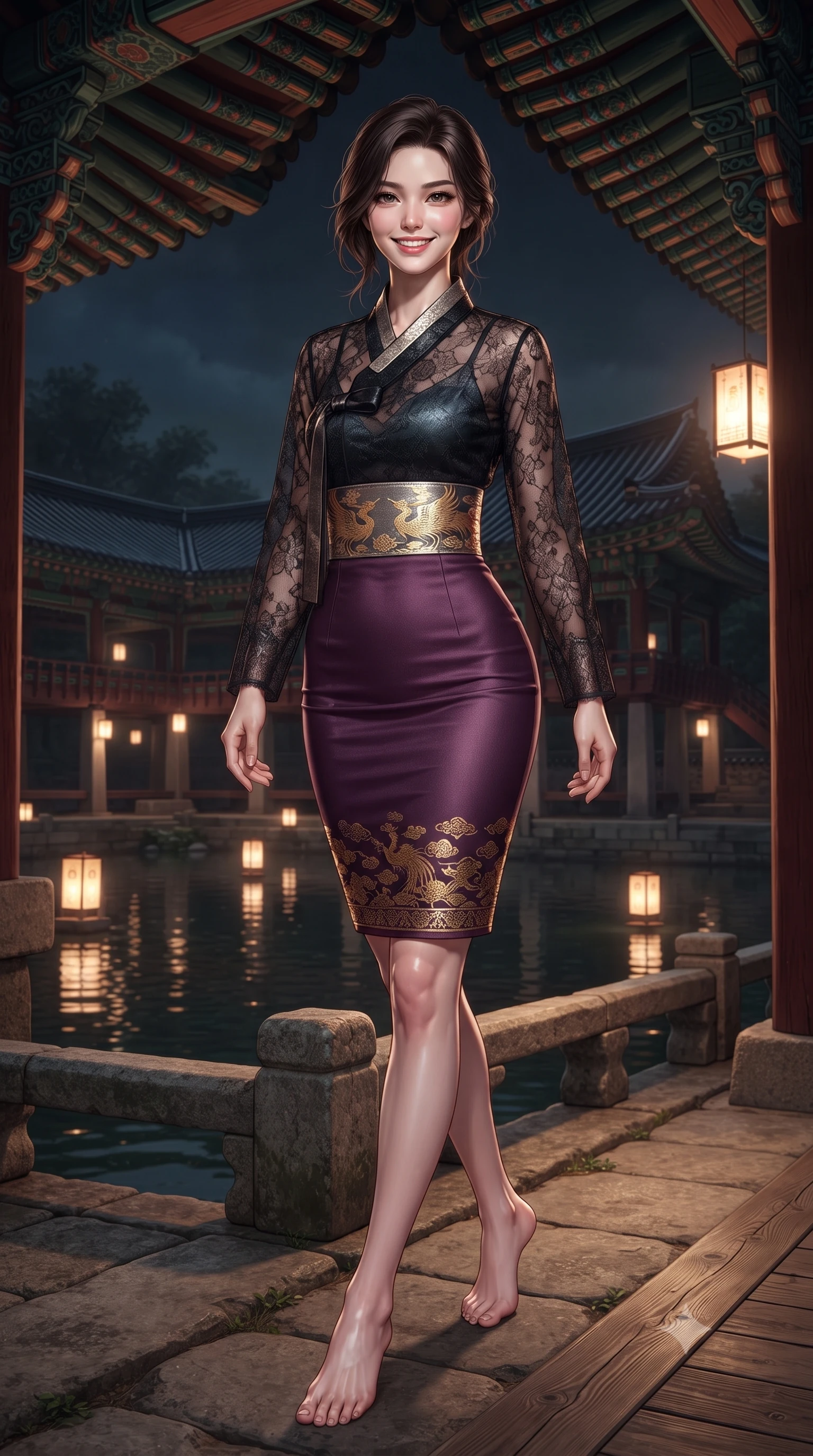 score_9, masterpiece, best quality, ultra-detailed, high-budget anime keyframe, editorial fashion photography, tasteful artistic composition, Korean woman. low angle full-body shot from head to toe showing her feet, filling the entire 9:16 vertical frame with her statuesque presence, stretching her vertical silhouette. stepping forward gracefully across the stone bridge in mid-motion with a radiant beaming smile, hips swaying in an alluring kinetic rhythm that accentuates her curvy hourglass silhouette and long slender legs while lounging in an open wooden royal pavilion with legs crossed, her long slender limbs and toned midriff framed by ancient Korean roof eaves. The surrounding environment is rendered in vivid detail and crisp panoramic clarity: detailed silk organza weave, moonlight specular reflections on skin, and classical Korean palace architecture in high resolution. She has an absolutely perfect, statuesque 8.5-heads proportion, an exceptionally tall and slender model-like female figure with impossibly long slender legs, an ultra-slim waist, a flat toned midriff, narrow delicate ribcage, and beautifully sculpted feminine hips creating a graceful, slim hourglass silhouette without any bulky heaviness. sharp v-shaped jawline, high-bridge nose, intricate jewel-like dark sparkling almond eyes with depth, thick lashes, glossy parted lips with a natural rose-plum sheen, bright alluring and coquettish smile with bedroom-eyes, exuding both timeless oriental elegance and sovereign high-fashion allure, flawlessly proportioned anatomical accuracy, strict slender model proportions, natural body alignment, perfectly sculpted long slender limbs, ultra-slim waistline, clean dynamic posture without body distortion. wearing a sheer black lace jeogori worn over an opaque dark silk bralette with an ultra-fitted high-waisted pencil skirt in rich plum violet and gilded bronze embroidery, tailored from fine crisp cotton-linen with clean structural lines, finished with a wide metallic obi sash with intricate embroidered phoenix motifs, the liquid-tight tailored silk fabric clinging flawlessly to her narrow waist and rounded feminine hips, emphasizing every millimeter of her sculpted slim hourglass curves without any bulky heaviness. illuminated by warm paper lantern reflections on the pond water and sharp platinum rim lights defining her razor-sharp jawline, narrow waist, and curvy hips. ultra-reflective glossy finish, specular highlights, rich textural contrasts, high-contrast stereoscopic depth, volumetric dynamic lighting, 2k, ultra detail, master piece, 9:16 ratio