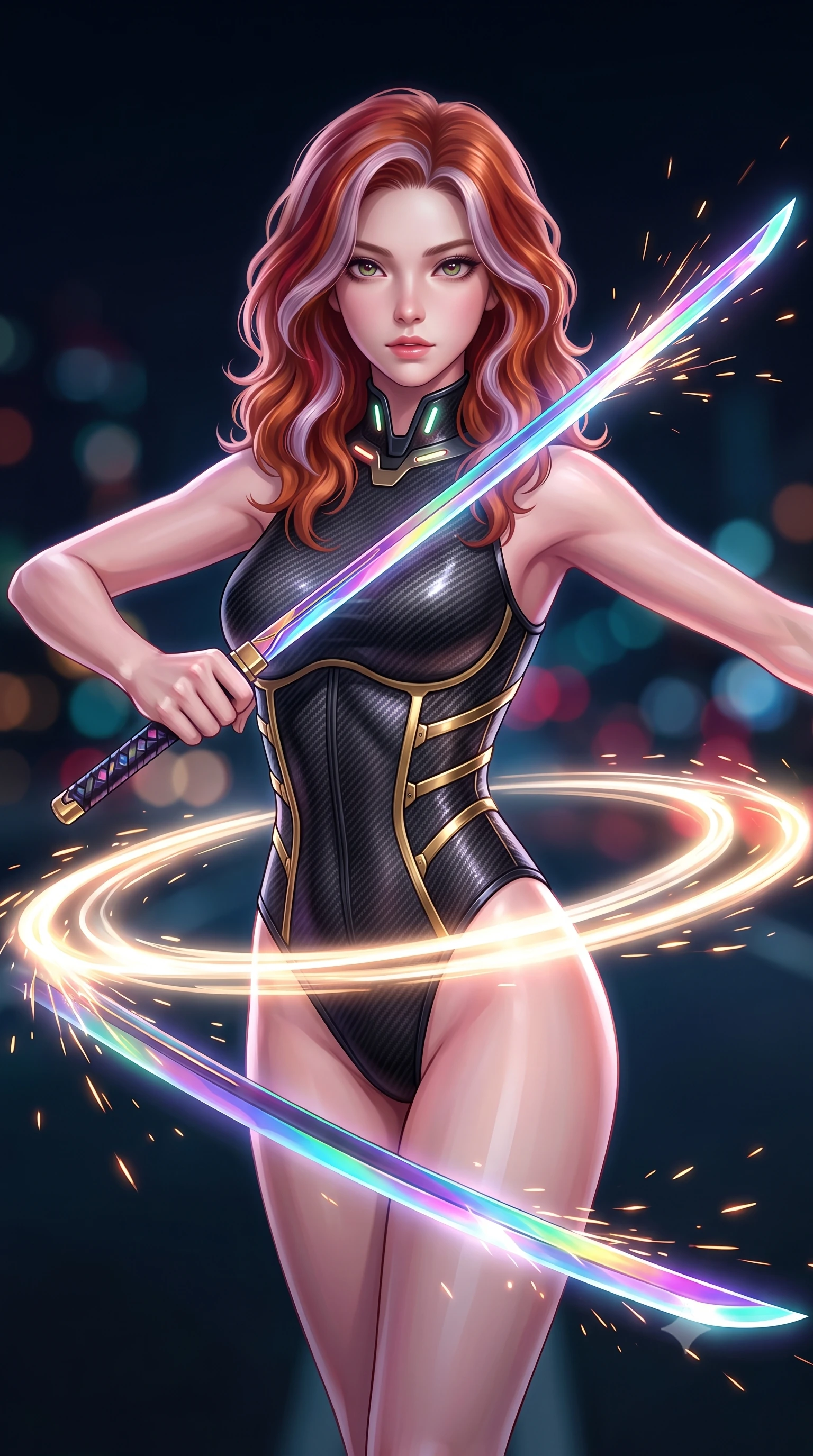 score_9, masterpiece, best quality, ultra-detailed, high-budget anime keyframe, semi-realistic 3D game render, editorial fashion photography, tasteful artistic composition, Caucasian woman. close-up cowboy shot from the waist and thighs up, the character dominates the composition, filling the frame with her large presence. gazing forward with divine sovereign poise, captivating jewel-like eyes shining with transcendent focus while holding her weapon with effortless mastery while spinning gracefully in a high-speed combat turn as twin blade energy trails create glowing light rings around her waist. The composition keeps background elements in soft focus with creamy bokeh. sparks from vibro-blades scattering radiant light motes across a dark nocturnal highway backdrop. She has an exceptionally elegant, slender, and willowy female figure with an ultra-slim waist, a gracefully sculpted slender torso, toned flat midriff, and a refined slim silhouette. sharp v-shaped jawline, high-bridge nose, intricate jewel-like eyes with depth, thick eyelashes, glossy lips with a natural sheen, flawlessly proportioned anatomical accuracy, strict slender model proportions, natural body alignment, perfectly sculpted long slender limbs, ultra-slim waistline, clean dynamic posture without body distortion. wearing a precision-tailored high-fashion carbon-fiber corset bodysuit with gold mechanical rib boning, wielding a glowing energy katana with royal elegance in high-gloss iridescent rainbow carbon with prism holographic sheen, made of liquid carbon-jersey fabric adhering flawlessly to her sculpted silhouette, featuring a sleek aerodynamic collar framed by subtle glowing cybernetic status LEDs, the sleek second-skin cut tightly hugging her graceful clavicle, narrow waist, and feminine curves with athletic precision. surrounded by a fast, fierce, and intoxicatingly seductive cyber-assassin muse aura. rich saturated anime colors with glowing neon highlights, detailed shading with soft gradients, rich glossy textures, high-contrast stereoscopic depth, volumetric dynamic lighting, master piece, 9:16 ratio