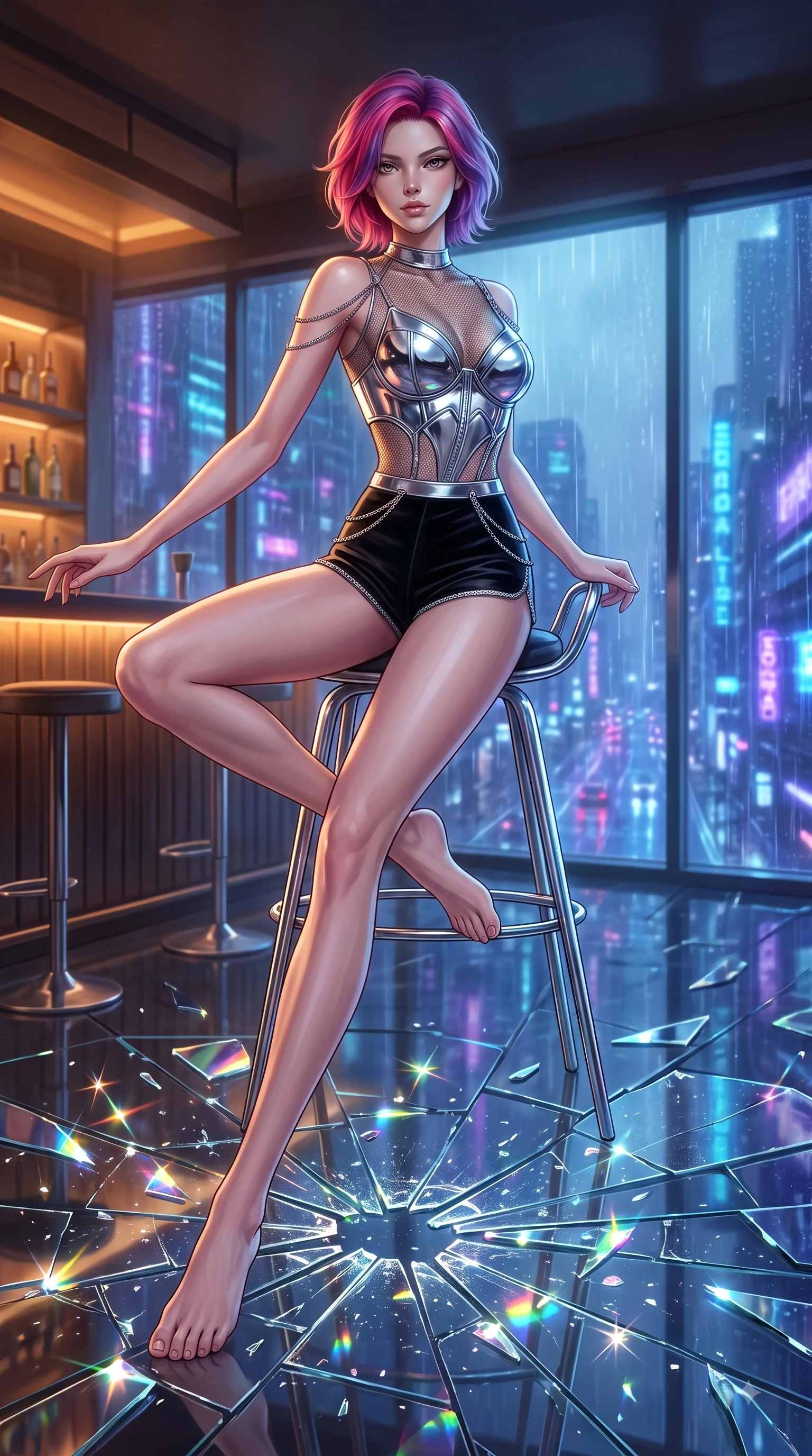 score_9, masterpiece, best quality, ultra-detailed, high-budget anime keyframe, editorial fashion photography, tasteful artistic composition, Caucasian woman. low angle full-body shot from head to toe showing her feet, filling the entire 9:16 vertical frame with her statuesque presence, stretching her vertical silhouette. leaping gracefully through mid-air with statuesque elegance, her impossibly long slender legs stretched in perfect balance while perched on a sleek chrome barstool in a futuristic sky-lounge overlooking rain-slicked city streets, shattered mirror bar fragments scattering brilliant rainbow specular highlights. She has an absolutely perfect, statuesque 8.5-heads proportion, an exceptionally tall and slender model-like female figure with impossibly long slender legs and an ultra-slim waist. sharp v-shaped jawline, high-bridge nose, intricate jewel-like eyes with depth, thick eyelashes, glossy lips with a natural sheen, flawlessly proportioned anatomical accuracy, natural body alignment, perfectly sculpted elegant limbs, clean dynamic posture without body distortion. wearing a chrome-plated structured bodice worn over a sheer mesh top and micro-shorts in matte black and polished silver, made of premium stretch velvet with a rich sheen, adorned with delicate metallic chain straps along the neckline, the tailored fabric tightly following every curve of her athletic build. illuminated by warm indoor bar amber light and cool rainy blue neon rim light. ultra-reflective glossy finish, specular highlights, metallic sheen, high-contrast stereoscopic depth, volumetric dynamic lighting, 2k, ultra detail, master piece, 9:16 ratio