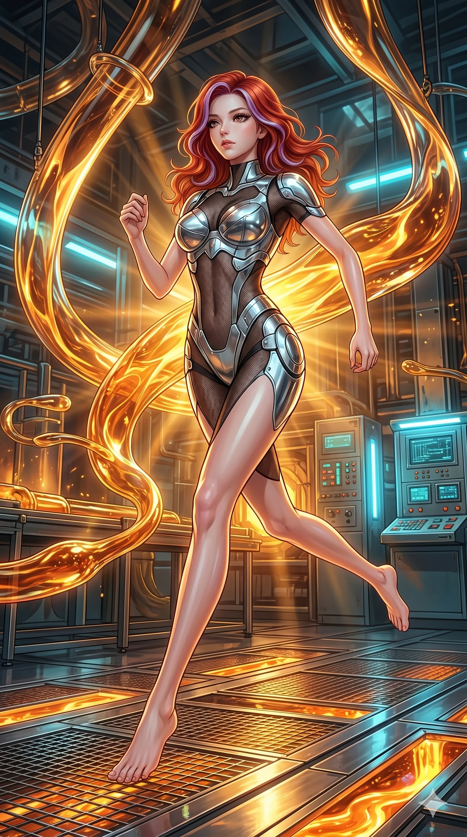 score_9, masterpiece, best quality, ultra-detailed, high-budget anime keyframe, Japanese woman. low angle full-body shot filling the entire 9:16 frame with her statuesque presence, stretching the vertical silhouette. bounding through a molten glass art studio where twisting, glowing amber glass tubes rotate like fluid rivers in a heated environment. She has an absolutely perfect 8-heads proportion, an exceptionally tall and slender female figure with impossibly long slender legs and an ultra-slim waist. V-shaped jawline, high-bridge nose, intricate jewel-like eyes with depth, thick eyelashes, glossy lips with a natural sheen.. wearing a bionic chrome plate bodysuit, featuring silver chrome plates covering the bust and hips, connected by sheer black mesh panels. showcasing a beautiful play of light and shadow, with warm golden rays clashing against cool cyan highlights. 2k, ultra detail, master piece, 9:16 ratio
