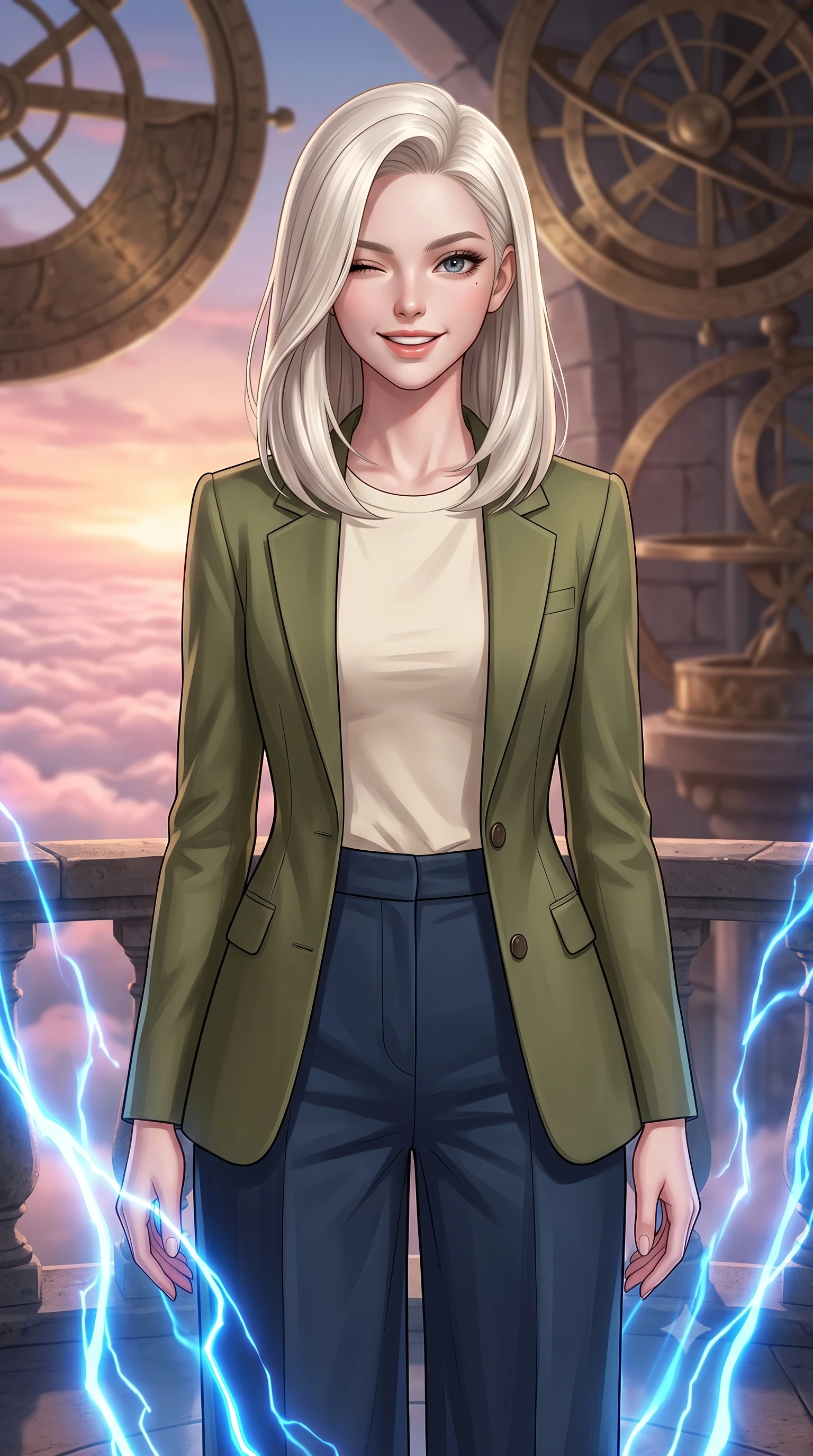 score_9, masterpiece, best quality, ultra-detailed, high-budget anime keyframe, editorial fashion photography, tasteful artistic composition, Caucasian woman, strictly human ears. close-up cowboy shot from the waist and thighs up, the character dominates the composition, filling the frame with her large presence, background elements kept in soft focus. Winking playfully with a cheerful grin and a lighthearted expression. set against a soft-focus background of standing on the balcony of an ancient stone observatory with rotating brass astrolabes, looking out over a sea of pink-tinted clouds. She has an exceptionally elegant, slender, and willowy female figure with a highly-defined ultra-slim waist, a gracefully sculpted slender torso, and a refined slim-fit silhouette that contours her form. sharp v-shaped jawline, high-bridge nose, intricate jewel-like eyes with depth, thick eyelashes, glossy lips with a natural sheen. wearing a tailored olive green blazer over a cream cotton tee and dark blue wide-leg trousers. pulsing electric blue plasma arc lighting rising dramatically from below. 2k, ultra detail, master piece, 9:16 ratio