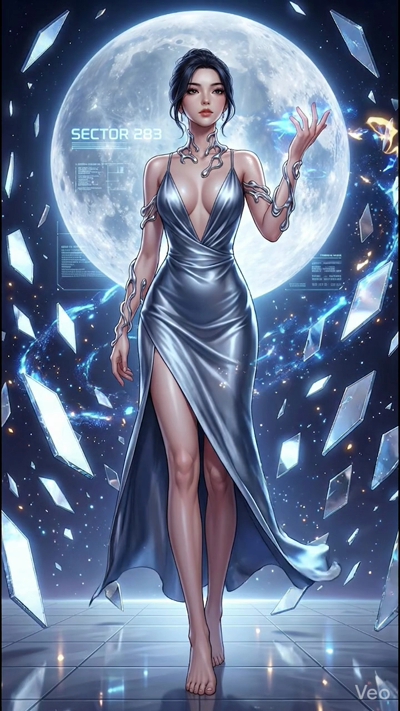 An ethereal, slow-motion scene of a woman in a flowing silver silk gown standing under a magnificent, oversized full moon. Sci-fi HUD interfaces and holographic data streams flicker in the air around her. Glass shards float weightlessly in a circular