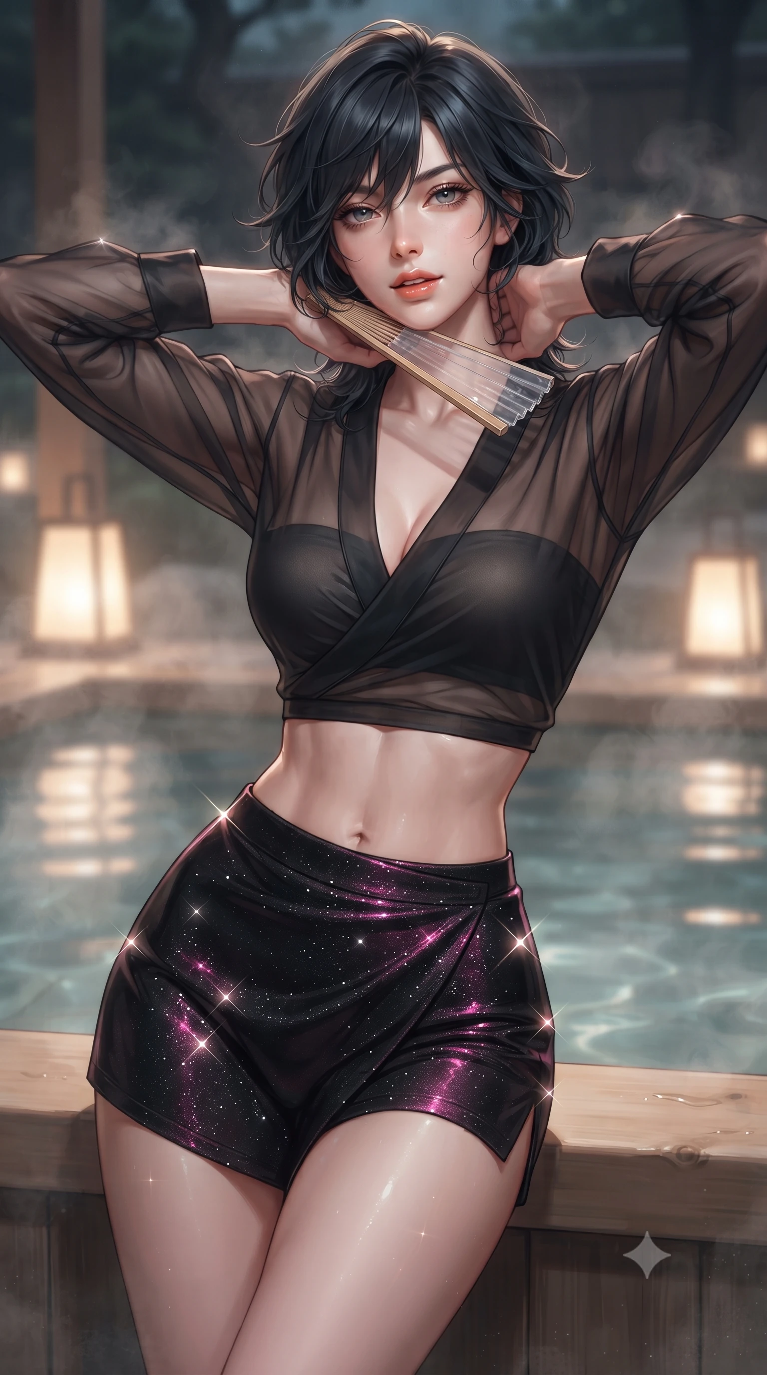 score_9, masterpiece, best quality, ultra-detailed, high-budget anime keyframe, editorial fashion photography, tasteful artistic composition, Caucasian woman. close-up cowboy shot from the waist and thighs up, the character dominates the composition, filling the frame with her large presence. resting both hands lightly behind her neck with elbows raised, arching her spine to highlight her narrow waist, flat midriff, and breathtaking collarbones while leaning back against the cedar wood tub edge with hips cocked back, looking into the lens through curls of fragrant steam with smoldering eyes. The background shows a soft-focus submerged lantern glows softened in tranquil private bathhouse shallow focus. She has an exceptionally elegant, slender, and willowy female figure with an ultra-slim waist, flat toned midriff, narrow ribcage, and sculpted feminine hips creating an alluring, slim hourglass silhouette without bulk. sharp v-shaped jawline, high-bridge nose, sparkling eyes with hypnotic seductive depth, thick curled eyelashes, glossy parted lips with a natural dewy peach sheen, alluring bedroom-eyes with an enchanting coquettish smile, exuding magnetic siren charisma and sophisticated glamour, flawlessly proportioned anatomical accuracy, strict slender model proportions, natural body alignment, perfectly sculpted long slender limbs, ultra-slim waistline, clean dynamic posture without body distortion. wearing a deep V-neck sheer gossamer hanbok blouse layered over an opaque silk bandeau and high-waisted wrap shorts in wet-look onyx black with electric fuchsia reflections, woven from stretch metallic lurex jersey casting radiant starlight glints across her silhouette, finished with a transparent silk folding fan held gracefully near her glossy parted lips, the high-slit wrap tailoring accentuating her ultra-slim waistline and the enchanting curve of her feminine hips with alluring seductive charm. illuminated by hot spring water caustics and sharp platinum rim lights sculpting her razor-sharp jawline, narrow waist, and curvy hips. ultra-reflective glossy finish, specular highlights, rich textural contrasts, high-contrast stereoscopic depth, volumetric dynamic lighting, 2k, ultra detail, master piece, 9:16 ratio