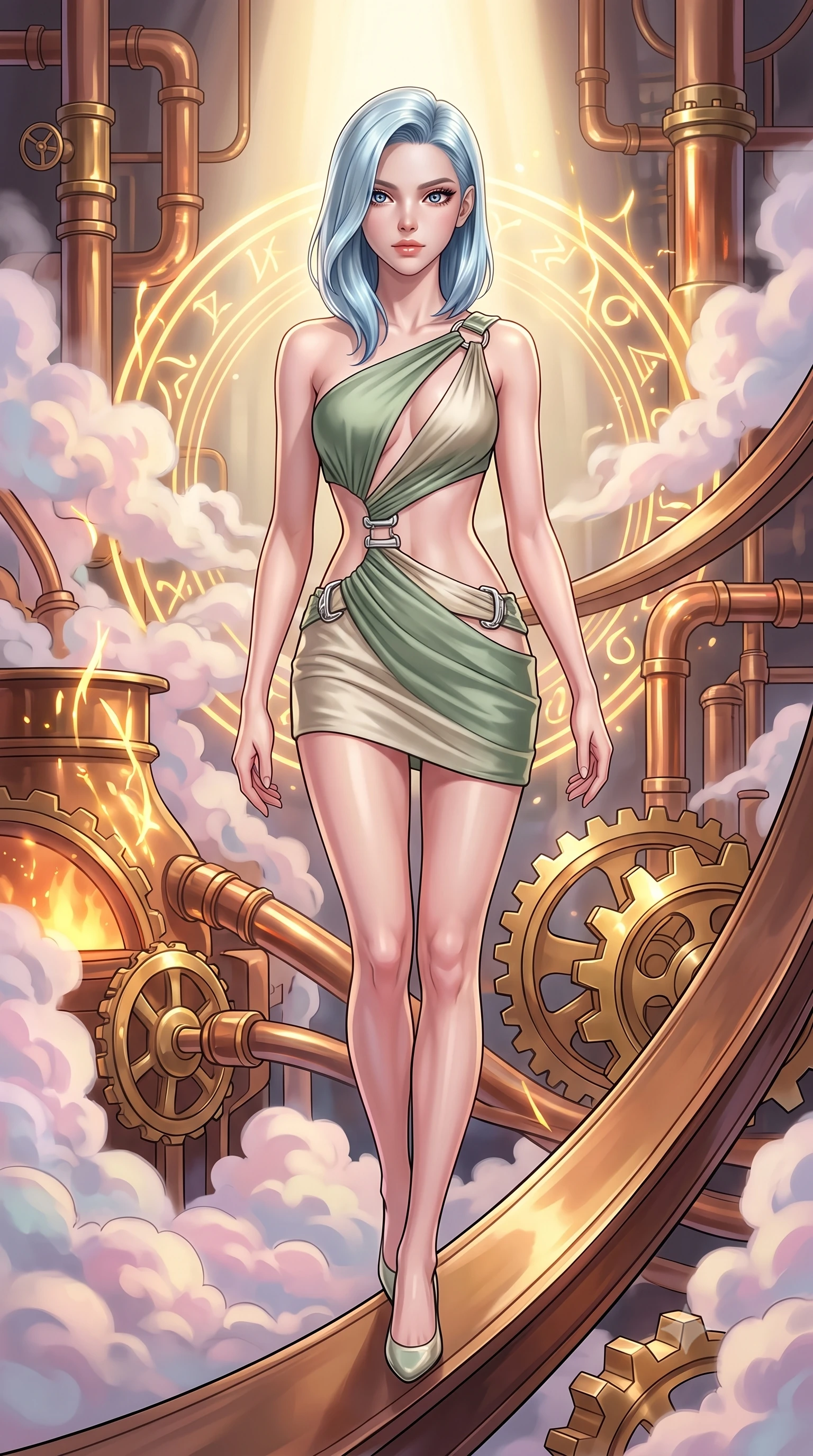 score_9, masterpiece, best quality, ultra-detailed, high-budget anime keyframe, editorial fashion photography, tasteful artistic composition, Korean woman. low angle full-body shot from head to toe showing her feet, filling the entire 9:16 vertical frame with her statuesque presence, stretching her vertical silhouette. forging dynamically through the scene with her long slender legs and ultra-slim waist creating a sweeping S-curve while stepping along a curved bronze beam while pastel steam clouds swirl around her, intricate copper pipes and brass gears gleam with furnace heat reflections. She has an absolutely perfect, statuesque 8.5-heads proportion, an exceptionally tall and slender model-like female figure with impossibly long slender legs and an ultra-slim waist. sharp v-shaped jawline, high-bridge nose, intricate jewel-like eyes with depth, thick eyelashes, glossy lips with a natural sheen, flawlessly proportioned anatomical accuracy, natural body alignment, perfectly sculpted elegant limbs, clean dynamic posture without body distortion. wearing a dramatic open-waist cutout mini dress framed by sculptural hardware in sage green and oatmeal, crafted from smooth liquid silk, detailed with polished silver buckles along the waistline, the elegant draped fit framing her graceful clavicle and slender torso. illuminated by golden alchemy rune radiance and dramatic top key light. highly saturated vibrant anime colors, detailed shading with soft gradients, rich glossy textures, high-contrast stereoscopic depth, volumetric dynamic lighting, master piece, 9:16 ratio
