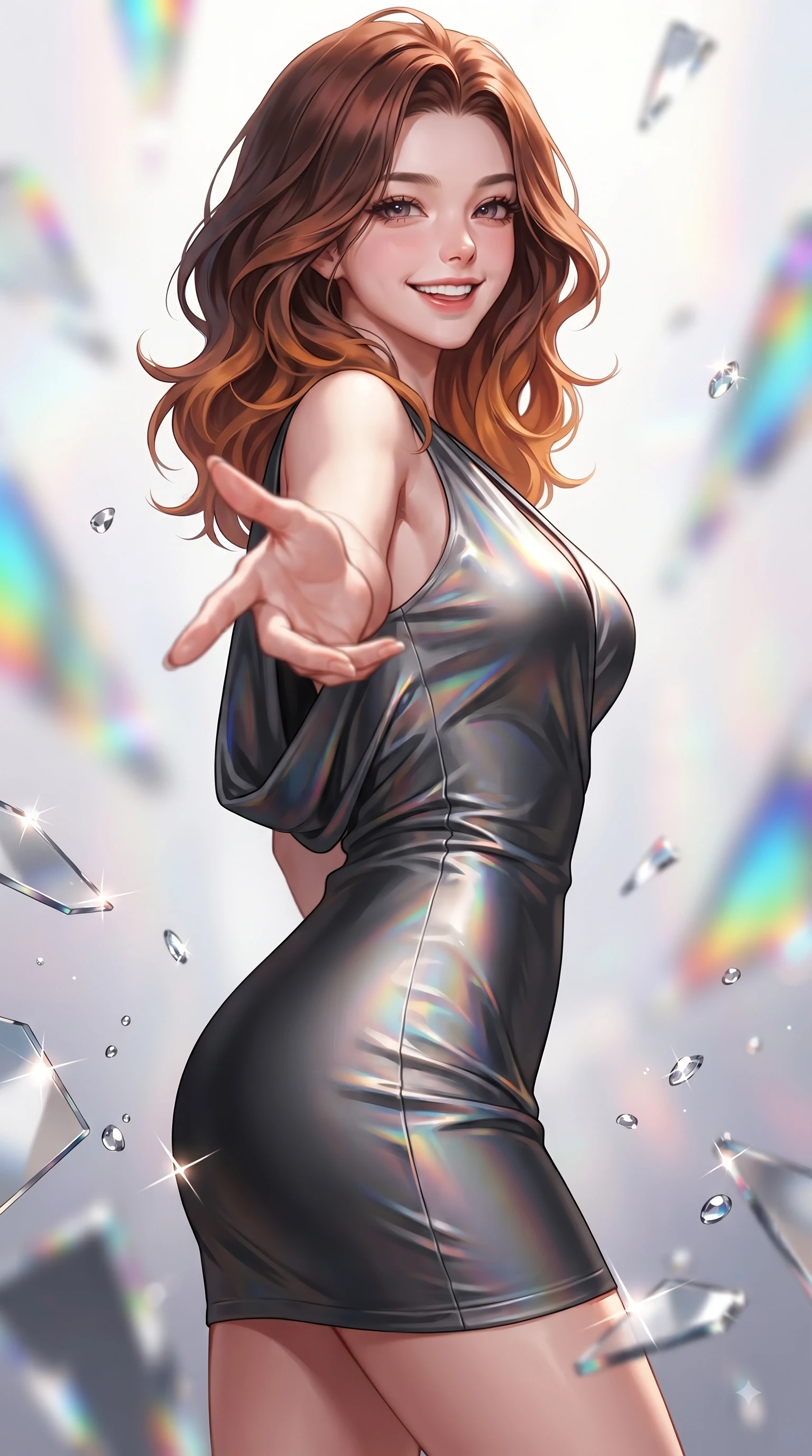 score_9, masterpiece, best quality, ultra-detailed, high-budget anime keyframe, editorial fashion photography, tasteful artistic composition, Korean woman. close-up cowboy shot from the waist and thighs up, the character dominates the composition, filling the frame with her large presence, background elements kept in soft focus. Warm delightful smile while casting a playful, joyful side-gaze with heavy lashes and a glowing expression while reaching her hand forward with a cheerful smile as shattered mirror prisms scatter rainbow beams, paint droplets catching sharp specular highlights as she turns with a beaming smile. She has an exceptionally elegant, slender, and willowy female figure with an ultra-slim waist, a gracefully sculpted slender torso, and a refined silhouette. sharp v-shaped jawline, high-bridge nose, intricate jewel-like eyes with depth, thick eyelashes, glossy lips with a natural sheen, flawlessly proportioned anatomical accuracy, natural body alignment, perfectly sculpted elegant limbs, clean dynamic posture without body distortion. wearing a precision-fitted liquid jersey bodycon dress with a graceful draped back in matte black and polished silver, crafted from iridescent chiffon that shifts colors in the light, accented with a Tasteful chest slit framing her clavicle gracefully, the glove-like fit emphasizing her statuesque silhouette during motion. illuminated by brilliant multi-color rainbow light refracting through glass prisms. ultra-reflective glossy finish, specular highlights, metallic sheen, high-contrast stereoscopic depth, volumetric dynamic lighting, 2k, ultra detail, master piece, 9:16 ratio