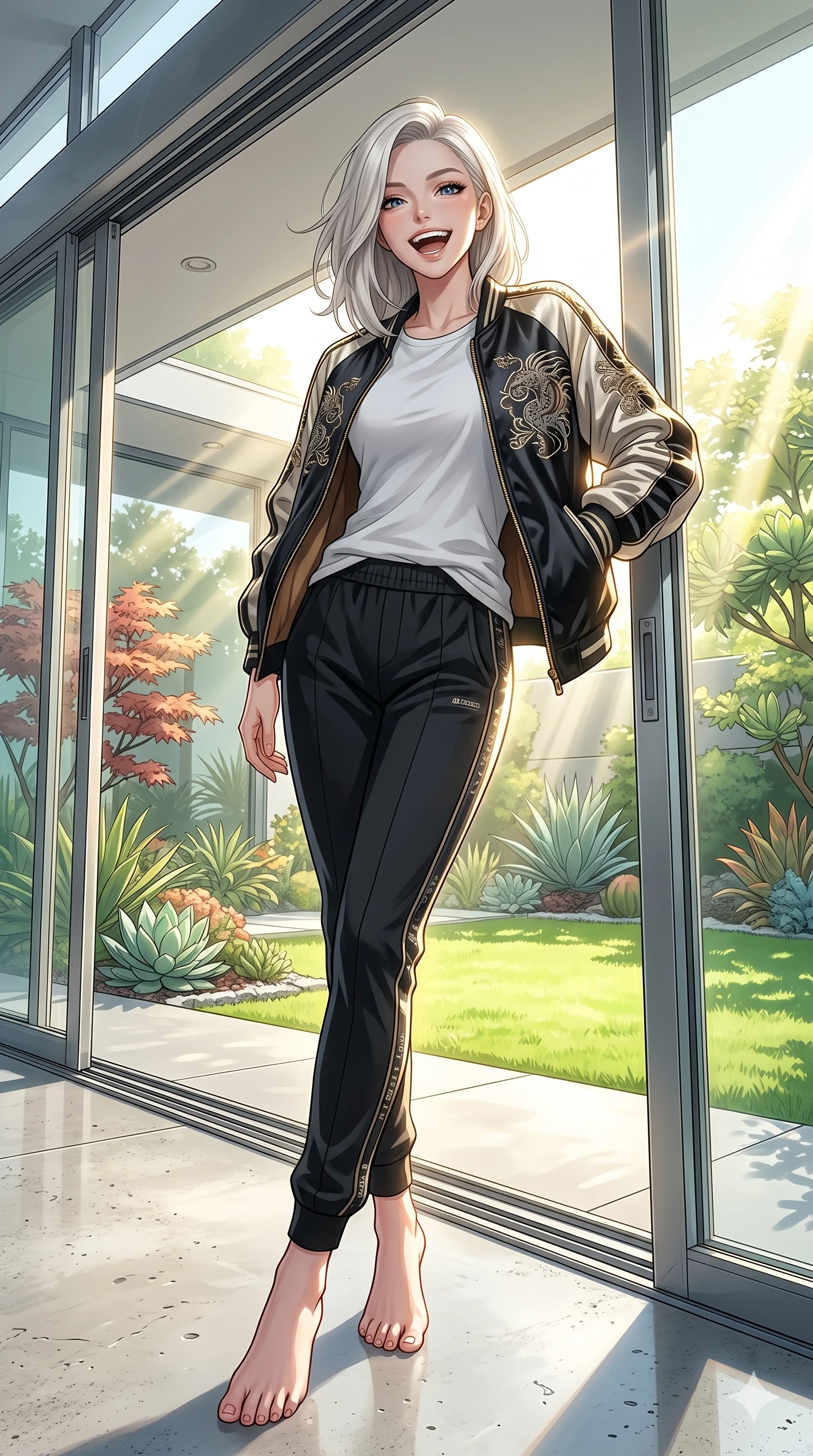 score_9, masterpiece, best quality, ultra-detailed, high-budget anime keyframe, vibrant anime aesthetic, Caucasian woman, strictly human ears. low angle full-body shot from head to toe showing her feet, filling the entire 9:16 vertical frame with her statuesque presence, stretching her vertical silhouette. She is leaning back with a cheerful laugh, looking directly into the camera lens inside a modern architectural villa with large sliding glass walls showing a sunlit garden (Code-P20-029). She has an absolutely perfect 8-heads proportion, an exceptionally tall and slender female figure with impossibly long slender legs and an ultra-slim waist. V-shaped jawline, high-bridge nose, intricate jewel-like eyes with depth, thick eyelashes, glossy lips with a natural sheen. wearing a designer bomber jacket over a cotton shirt and track pants. She is bathed in brilliant midday sunbeams, casting sharp highlights that outline her slim waist. 2k, ultra detail, master piece, 9:16 ratio