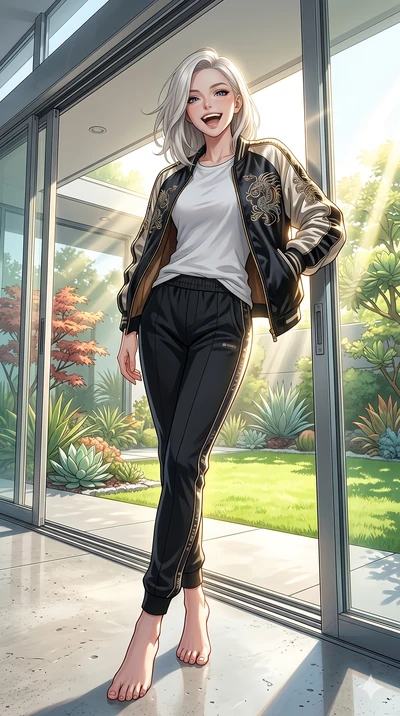 score_9, masterpiece, best quality, ultra-detailed, high-budget anime keyframe, vibrant anime aesthetic, Caucasian woman, strictly human ears. low angle full-body shot from head to toe showing her feet, filling the entire 9:16 vertical frame with her