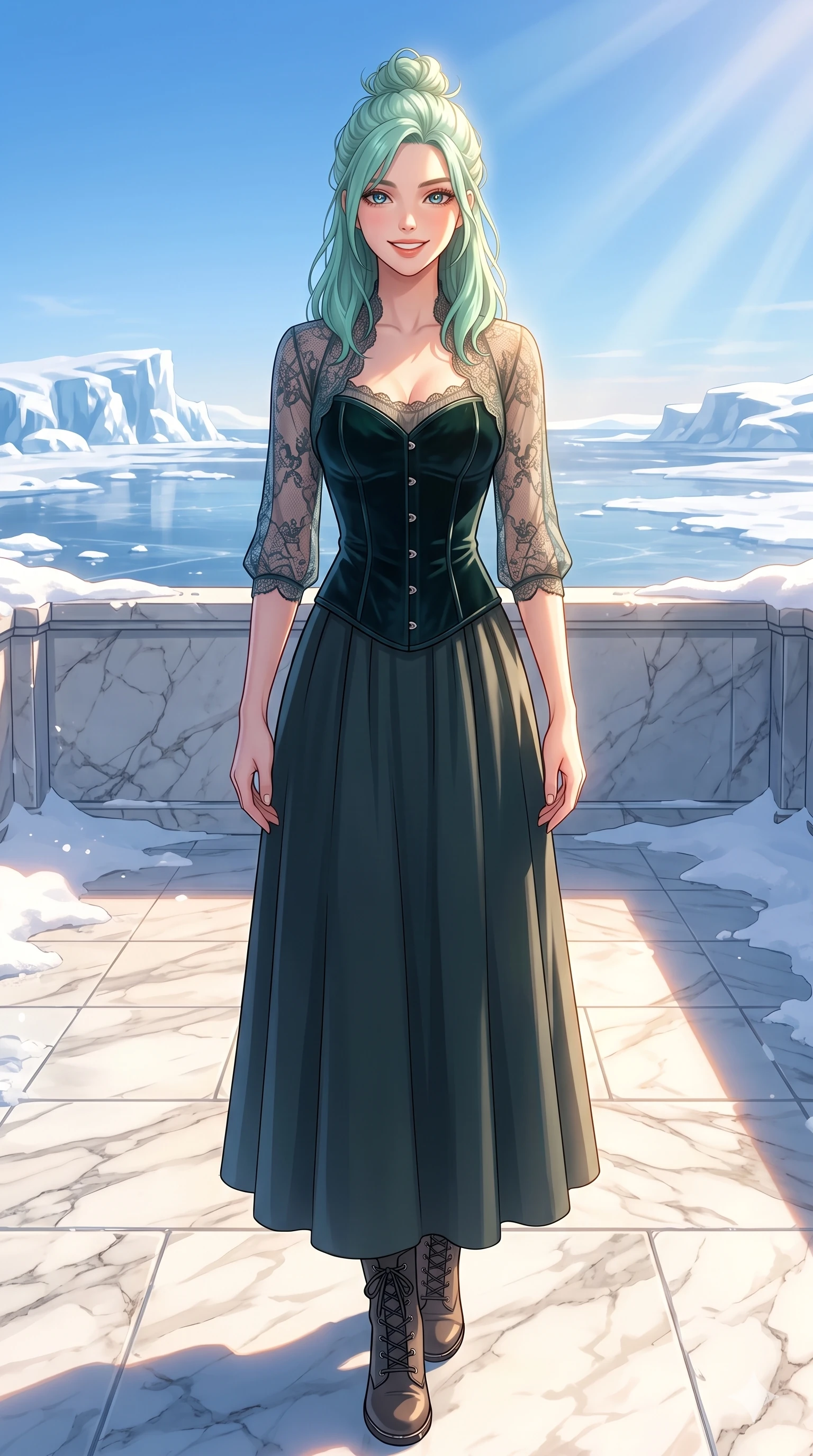 score_9, masterpiece, best quality, ultra-detailed, high-budget anime keyframe, vibrant anime aesthetic, Japanese woman. cowboy shot from the thighs up, character and outfit filling the frame for maximum presence. She is standing proud and tall in winter, her face lit by a warm, lively smile on a sunlit marble terrace in a private snowy bay (Code-P21-161). She has an absolutely perfect 8-heads proportion, an exceptionally tall and slender female figure with impossibly long slender legs and an ultra-slim waist. V-shaped jawline, high-bridge nose, intricate jewel-like eyes with depth, thick eyelashes, glossy lips with a natural sheen. wearing a dark velvet corset combined with a sheer lace shrug in winter. She is bathed in brilliant, warm autumn sunbeams creating sharp highlights on her form. 2k, ultra detail, master piece, 9:16 ratio