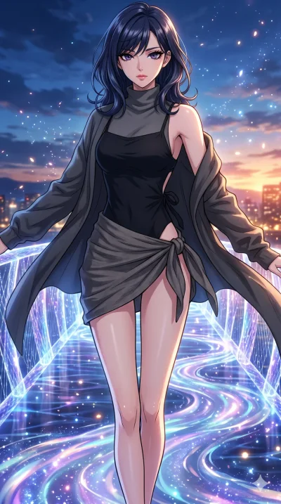 score_9, masterpiece, best quality, ultra-detailed, High-budget Anime Keyframe, beautiful Japanese anime girl. Upper body close-up from the thighs up, character filling the screen for maximum presence. Standing on a bridge of light over a river of li