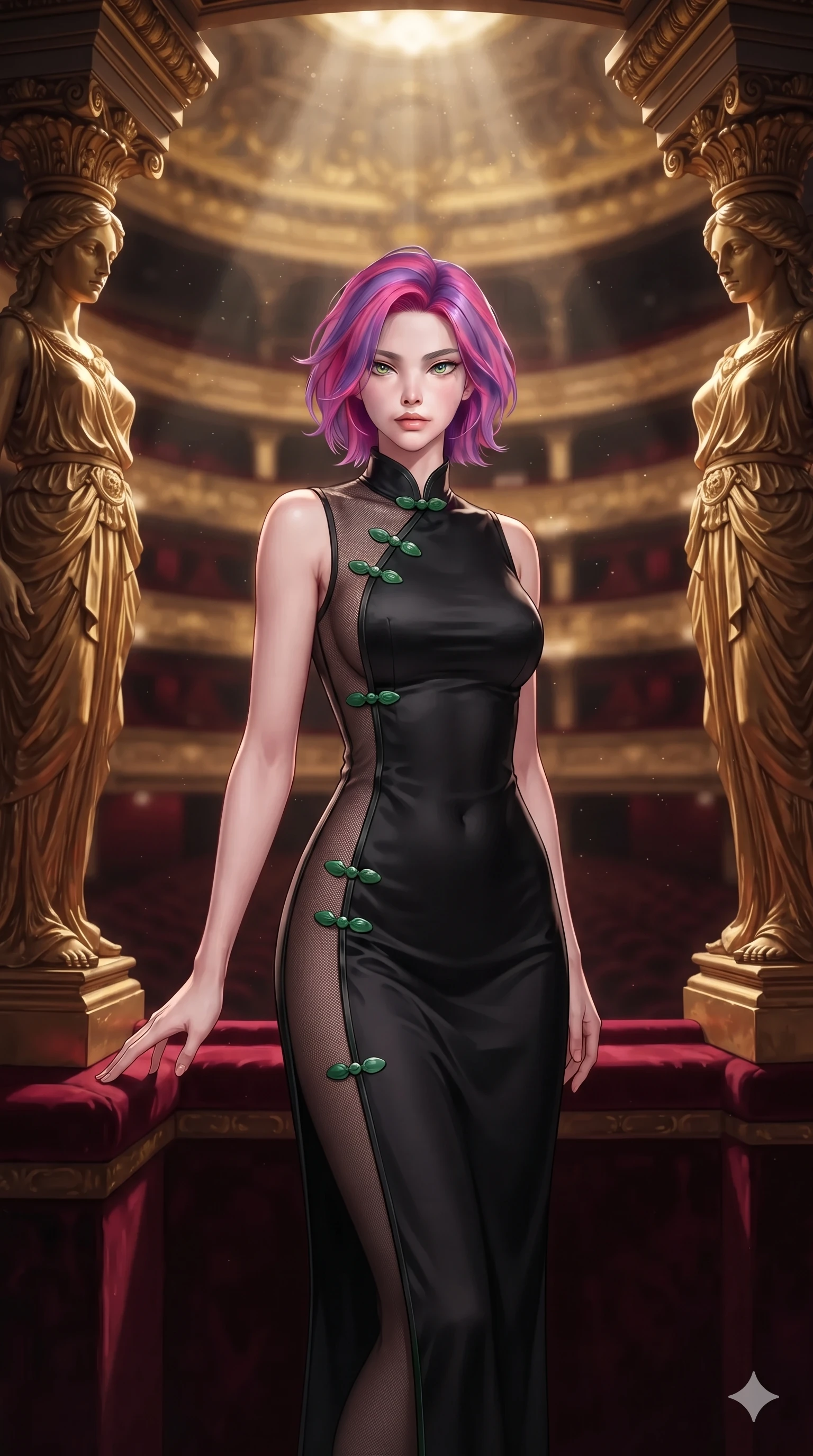 score_9, masterpiece, best quality, ultra-detailed, high-budget anime keyframe, editorial fashion photography, tasteful artistic composition, Caucasian woman. close-up cowboy shot from the waist and thighs up, the character dominates the composition, filling the frame with her large presence. leaning forward while arching her lower back to accentuate her curvy hips, looking into the camera with an intoxicating smoldering gaze and bedroom-eyes while standing poised between monumental gilded cariatid columns overlooking the grand opera auditorium, arching her lower back with sovereign supermodel grace. The background shows a soft-focus sculptural gilded female cariatid statues, sweeping velvet drapes, and glowing auditorium balconies blurred into gold, crimson, and charcoal bokeh. She has an exceptionally elegant, slender, and willowy female figure with an ultra-slim waist, flat toned midriff, narrow ribcage, and sculpted feminine hips creating an alluring, slim hourglass silhouette without bulk. sharp v-shaped jawline, high-bridge nose, intricate jewel-like sparkling eyes with depth, thick eyelashes, glossy parted lips with a natural sheen, intensely captivating and seductive bedroom-eyes expression, exuding both youthful cute charm and sovereign luxury allure, flawlessly proportioned anatomical accuracy, strict slender model proportions, natural body alignment, perfectly sculpted long slender limbs, ultra-slim waistline, clean dynamic posture without body distortion. wearing a second-skin black silk jersey maxi dress with asymmetrical sheer mesh side panels tracing the full curve of her hip in iridescent mother-of-pearl and liquid molten silver, woven from high-density tech-wool with subtle metallic thread weave, finished with sleek jade frog closures glinting along her high collar, the impeccably tailored cut draping gracefully along her slender figure with aristocratic poise. illuminated by velvet loge bounce and sharp gold-crimson rim lights defining her razor-sharp jawline, narrow waist, and curvy hips. ultra-reflective glossy finish, specular highlights, rich textural contrasts, high-contrast stereoscopic depth, volumetric dynamic lighting, 2k, ultra detail, master piece, 9:16 ratio