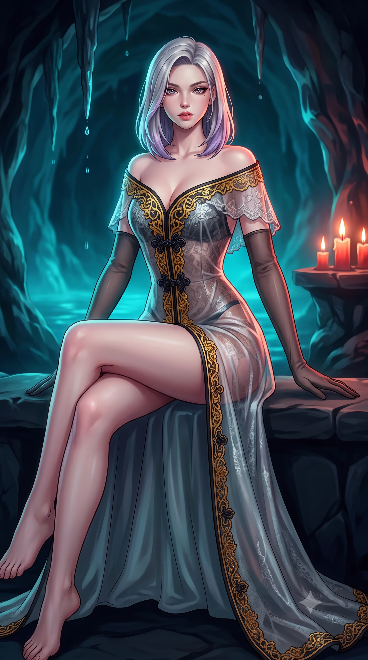 score_9, masterpiece, best quality, ultra-detailed, high-budget anime keyframe, semi-realistic 3D game render, editorial fashion photography, tasteful artistic composition, Caucasian woman. close-up cowboy shot from the waist and thighs up, the character dominates the composition, filling the frame with her large presence. perched sideways on the lounge seat, one knee drawn up to showcase her slender leg line while her arched back accentuates her feminine hip curve while leaning against the smooth water-sculpted limestone cavern wall with hips cocked back, looking into the camera with heavy-lidded smoldering eyes and parted glossy lips. The background shows a soft-focus dripping stalactite water rings softened in mythical Mediterranean siren grotto shallow focus. She has an exceptionally elegant, slender, and willowy female figure with an ultra-slim waist, flat toned midriff, narrow ribcage, and sculpted feminine hips creating an alluring, slim hourglass silhouette without bulk. sharp v-shaped jawline, high-bridge nose, intricate jewel-like sparkling eyes with depth, thick eyelashes, glossy parted lips with a natural peach sheen, bright cheerful beaming smile with an enchanting and coquettish sensual glint, exuding both youthful cute charm and seductive allure, flawlessly proportioned anatomical accuracy, strict slender model proportions, natural body alignment, perfectly sculpted long slender limbs, ultra-slim waistline, clean dynamic posture without body distortion. wearing a delicate sheer lace Moroccan djellaba robe slipping gracefully off bare shoulders with intricate filigree frog-closures in Hakone steaming sulfur amber and volcanic basalt black, crafted from translucent silk organza with an ethereal crystalline sheen, complemented by sheer opera-length evening gloves tracing her slender arms, the liquid-tight tailored fabric clinging flawlessly to her narrow waist and rounded feminine hips, emphasizing every millimeter of her sculpted slim hourglass curves without any bulky heaviness. bathed in the supernatural underwater phosphorescent 4800K cyan glow contrasted with warm 2000K candle flames on stone ledges. highly saturated vibrant anime colors, detailed shading with soft gradients, rich glossy textures, high-contrast stereoscopic depth, volumetric dynamic lighting, master piece, 9:16 ratio