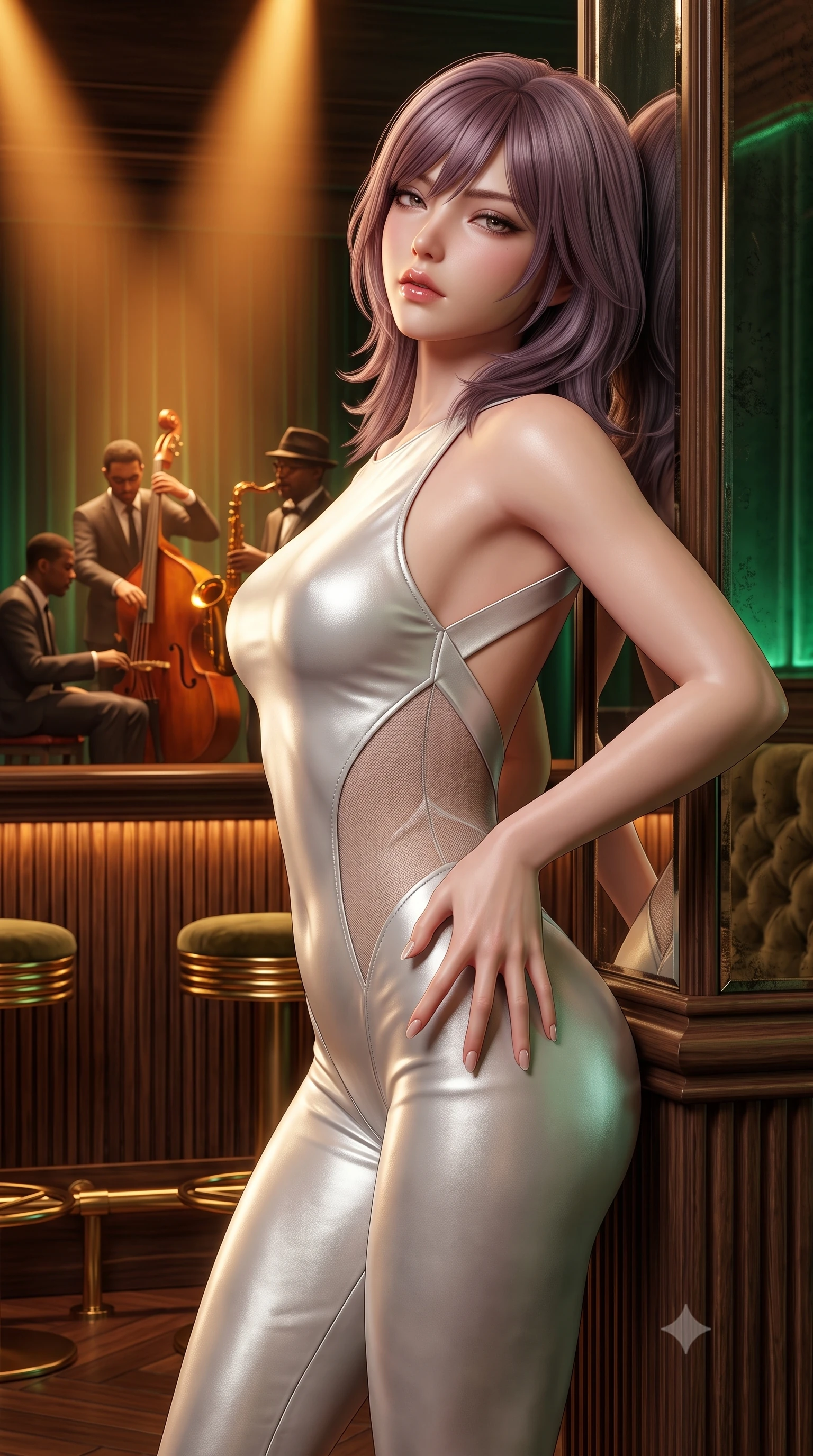 score_9, masterpiece, best quality, ultra-detailed, high-budget anime keyframe, semi-realistic 3D game render, editorial fashion photography, tasteful artistic composition, Japanese woman. close-up cowboy shot from the waist and thighs up, the character dominates the composition, filling the frame with her large presence. resting one manicured hand delicately on her hip bone, her upper body turning in a fluid, seductive S-curve while parted lips glisten in the light while leaning back against an antique mirrored column with hips cocked, casting a smoky, seductive bedroom-gaze past the jazz quartet. The surrounding environment is rendered in vivid detail and crisp panoramic clarity. sharp fluted walnut wood paneling, polished brass footrests, and tufted velvet upholstery in deep focus. She has an exceptionally elegant, slender, and willowy female figure with an ultra-slim waist, flat toned midriff, narrow ribcage, and sculpted feminine hips creating an alluring, slim hourglass silhouette without bulk. sharp v-shaped jawline, high-bridge nose, intricate jewel-like eyes with depth, thick eyelashes, glossy parted lips with a natural sheen, intensely captivating and seductive bedroom-eyes expression, flawlessly proportioned anatomical accuracy, strict slender model proportions, natural body alignment, perfectly sculpted long slender limbs, ultra-slim waistline, clean dynamic posture without body distortion. wearing a second-skin compression catsuit with an open back and sheer mesh side waist contouring in shimmering silver mercury and pearl white, crafted from second-skin supple lambskin leather with liquid drape, finished with criss-cross back satin straps highlighting her graceful shoulder blades, the glove-like aerodynamic silhouette tightly following the natural contour of her hips and long slender legs with statuesque 8.5-heads elegance. bathed in warm amber incandescent spotlight beams and soft emerald velvet perimeter glow. highly saturated vibrant anime colors, detailed shading with soft gradients, rich glossy textures, high-contrast stereoscopic depth, volumetric dynamic lighting, master piece, 9:16 ratio