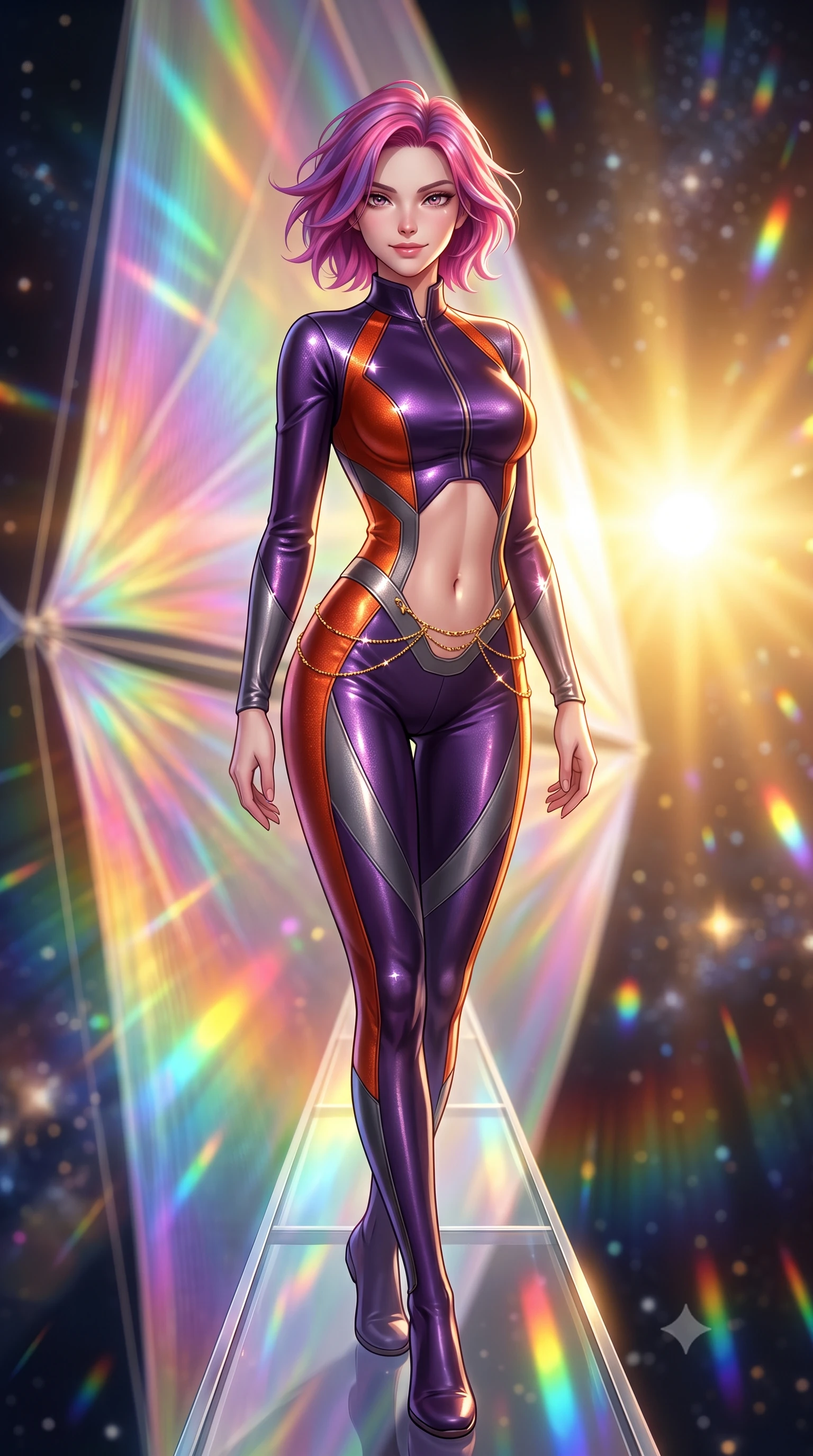 score_9, masterpiece, best quality, ultra-detailed, high-budget anime keyframe, semi-realistic 3D game render, editorial fashion photography, tasteful artistic composition, Caucasian woman. close-up cowboy shot from the waist and thighs up, the character dominates the composition, filling the frame with her large presence. turning slowly with an enchanting smoldering smile, her glossy hair tossing in the breeze as her hips angle gracefully in a captivating contrapposto while standing poised on the narrow transparent catwalk beside the monumental 10-kilometer gossamer solar sail, arching her lower back with breathtaking anime heroine charisma as rainbow diffraction patterns shimmer across space. The background shows a soft-focus monumental gossamer solar sail shifting through prismatic rainbow hues, blinding golden sunburst, and deep space star clusters blurred into diamond, gold, and rainbow prismatic bokeh. She has an exceptionally elegant, slender, and willowy female figure with an ultra-slim waist, flat toned midriff, narrow ribcage, and sculpted feminine hips creating an alluring, slim hourglass silhouette without bulk. sharp v-shaped jawline, high-bridge nose, intricate jewel-like sparkling eyes with depth, thick eyelashes, glossy parted lips with a natural peach sheen, bright cheerful beaming smile with an enchanting and coquettish sensual glint, exuding both youthful cute charm and seductive allure, flawlessly proportioned anatomical accuracy, strict slender model proportions, natural body alignment, perfectly sculpted long slender limbs, ultra-slim waistline, clean dynamic posture without body distortion. wearing a form-fitting orbital flight command jumpsuit in dark purple liquid satin with a high collar, contouring tightly to her narrow waist and feminine hips in volcanic ember orange and brushed gunmetal, woven from stretch metallic lurex jersey casting radiant starlight glints across her curves, accented with a dainty gold belly chain resting across her flat midriff and curving hips, the liquid-tight tailored fabric clinging flawlessly to her narrow waist and rounded feminine hips, emphasizing every millimeter of her sculpted slim hourglass curves without any bulky heaviness. bathed in blinding warm golden solar radiance filtered through prismatic iridescent nano-films. highly saturated vibrant anime colors, detailed shading with soft gradients, rich glossy textures, high-contrast stereoscopic depth, volumetric dynamic lighting, master piece, 9:16 ratio
