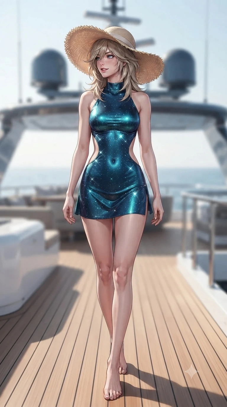 score_9, masterpiece, best quality, ultra-detailed, high-budget anime keyframe, editorial fashion photography, tasteful artistic composition, Japanese woman. low angle full-body shot from head to toe showing her feet, filling the entire 9:16 vertical frame with her statuesque presence, stretching her vertical silhouette. walking along the waterfront terrace with poise, looking back over her bare shoulder with an irresistible smoldering bedroom-gaze while walking slowly down the teak flying bridge deck with hypnotic grace, hips swaying in an alluring sensual rhythm that accentuates her curvy hourglass silhouette. The background shows a soft-focus high-altitude yacht flying bridge softened in open-ocean nautical shallow focus. She has an absolutely perfect, statuesque 8.5-heads proportion, an exceptionally tall and slender model-like female figure with impossibly long slender legs, an ultra-slim waist, a flat toned midriff, narrow delicate ribcage, and beautifully sculpted feminine hips creating a graceful, slim hourglass silhouette without any bulky heaviness. sharp v-shaped jawline, high-bridge nose, sparkling eyes with hypnotic seductive depth, thick curled eyelashes, glossy parted lips with a natural dewy peach sheen, alluring bedroom-eyes with an enchanting coquettish smile, exuding magnetic siren charisma and sophisticated glamour, flawlessly proportioned anatomical accuracy, strict slender model proportions, natural body alignment, perfectly sculpted long slender limbs, ultra-slim waistline, clean dynamic posture without body distortion. wearing a liquid metallic lamé one-piece swim dress clinging like a second skin with hip-high side cutouts in deep Capri grotto sapphire and glowing electric teal, woven from stretch metallic lurex jersey casting radiant starlight glints across her silhouette, finished with a wide-brimmed woven straw sunhat tipped back to frame her face and long glossy hair, the liquid-tight tailored fabric clinging flawlessly to her narrow waist and rounded feminine hips, emphasizing every millimeter of her sculpted slim hourglass curves without any bulky heaviness. illuminated by white deck surface bounce and sharp cyan-amber rim lights sculpting her razor-sharp jawline, narrow waist, and curvy hips. ultra-reflective glossy finish, specular highlights, rich textural contrasts, high-contrast stereoscopic depth, volumetric dynamic lighting, 2k, ultra detail, master piece, 9:16 ratio