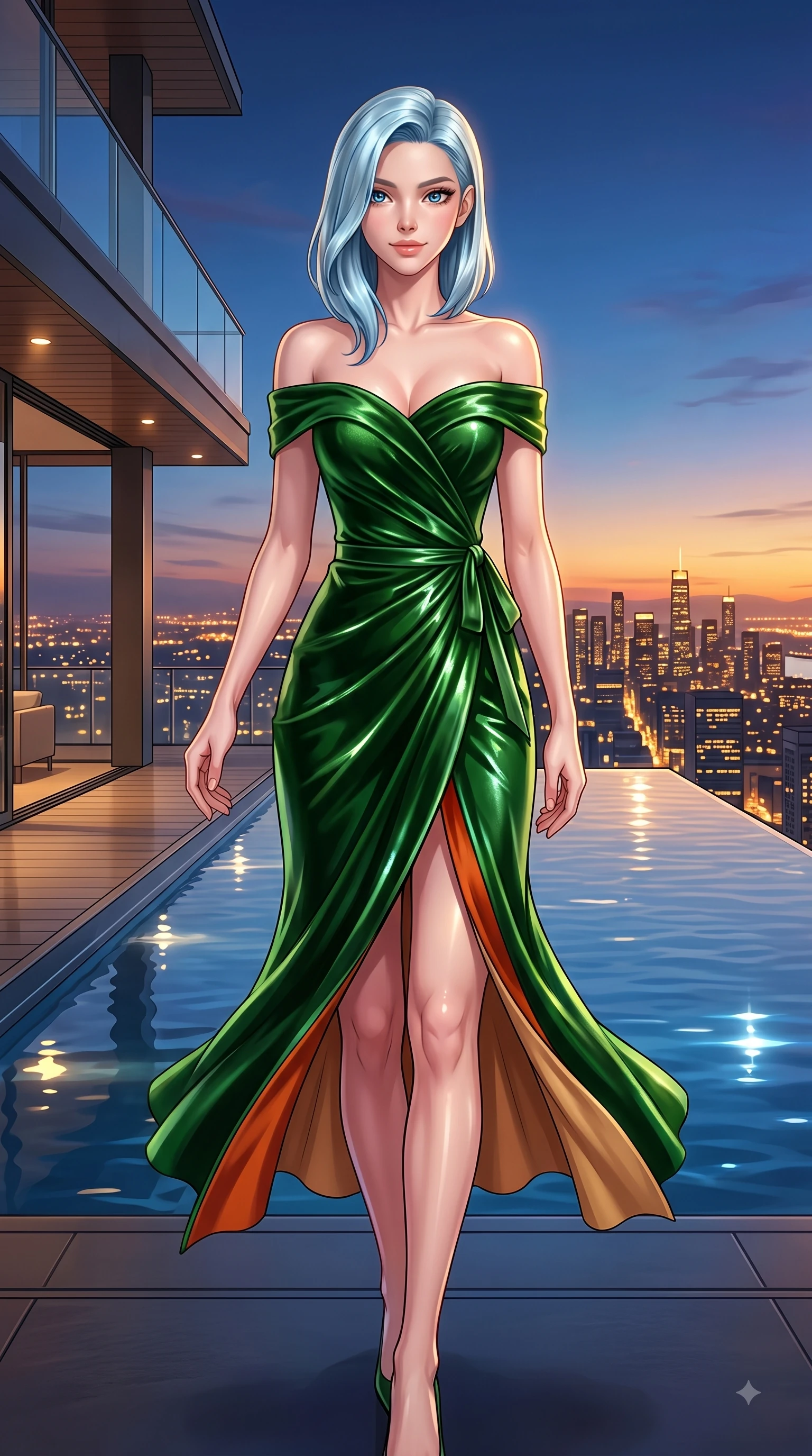 score_9, masterpiece, best quality, ultra-detailed, high-budget anime keyframe, editorial fashion photography, tasteful artistic composition, Korean woman. close-up cowboy shot from the waist and thighs up, the character dominates the composition, filling the frame with her large presence. Radiant anticipation in her face, glowing with hopeful curiosity and warm expectant energy while stepping gracefully onto an open-air rooftop lounge as golden sunset city lights twinkle. The surrounding environment is rendered in vivid detail and crisp panoramic clarity. intricate city skyline details, twilight sky gradients, and modern architectural lines in high clarity. She has an exceptionally elegant, slender, and willowy female figure with an ultra-slim waist, a gracefully sculpted slender torso, and a refined silhouette. sharp v-shaped jawline, high-bridge nose, intricate jewel-like eyes with depth, thick eyelashes, glossy lips with a natural sheen, flawlessly proportioned anatomical accuracy, natural body alignment, perfectly sculpted elegant limbs, clean dynamic posture without body distortion. wearing a vibrant forest green off-shoulder midi dress with a tasteful front slit in burnt orange and warm camel beige, made of premium stretch velvet with a rich glossy sheen, accented with a delicate side waist sash creating fluid lines, the fluid drape swaying gracefully with her dynamic editorial movement. illuminated by crisp specular highlights from infinity pool reflections and city lights. highly saturated vibrant anime colors, detailed shading with soft gradients, rich glossy textures, high-contrast stereoscopic depth, volumetric dynamic lighting, master piece, 9:16 ratio